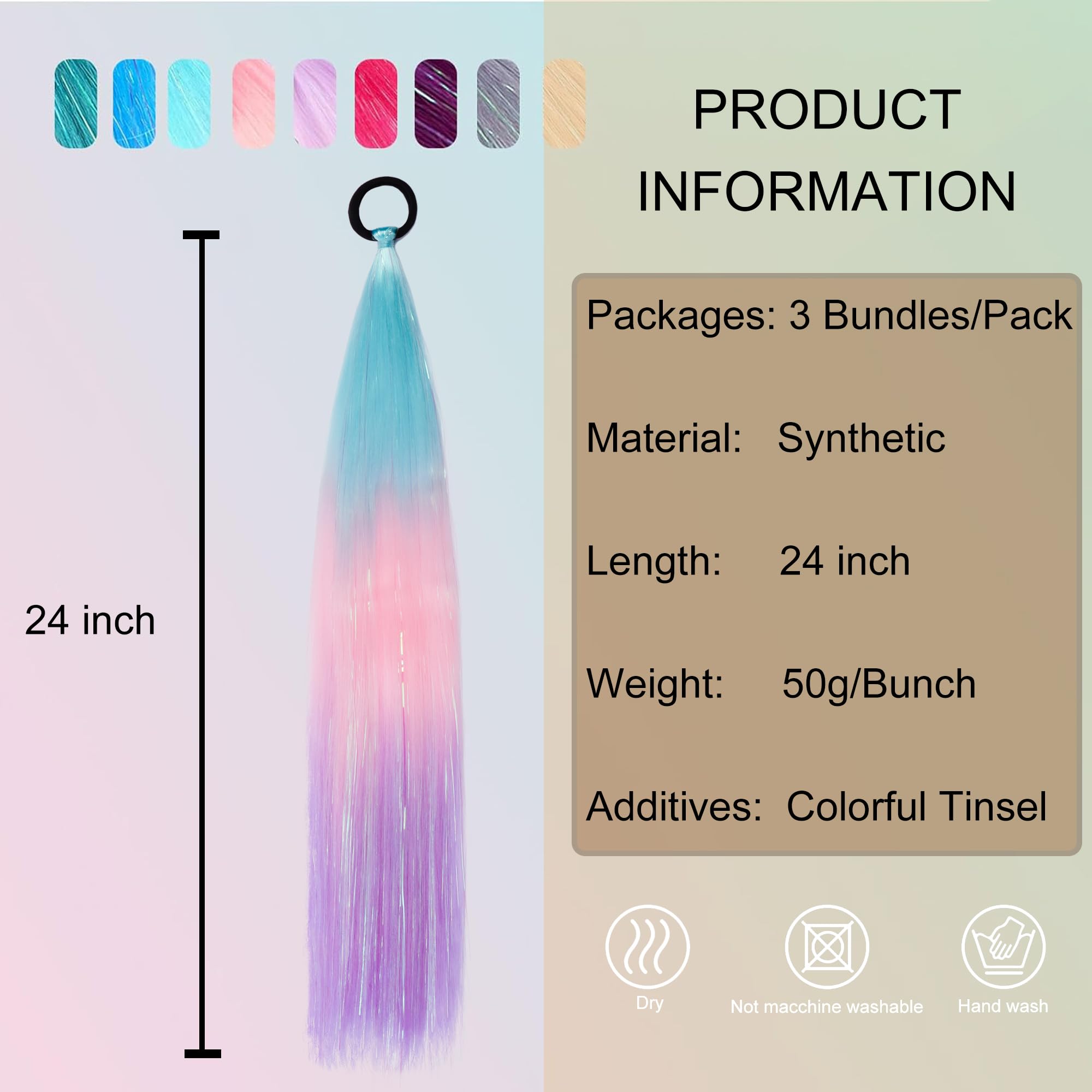 PORSMEER 3 Pcs Rainbow Hair Extensions With Elastic Tie,3 Tone Mermaid Hair for Braiding Crochet,Synthetic Braided Ponytail Extension for Women,Glitter Hair for Festival/Party (Blue/Pink/Purple) - Image 3