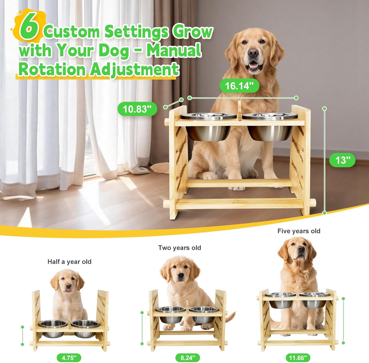 Premium All-Solid Wood Elevated Dog Bowls Stand with 2 Reinforced 48oz 304 Stainless Steel Bowls, 6 Adjustment Modes (Three Heights + 30° Tilt), Food Grade Varnish Stable Raised Dog Bowl