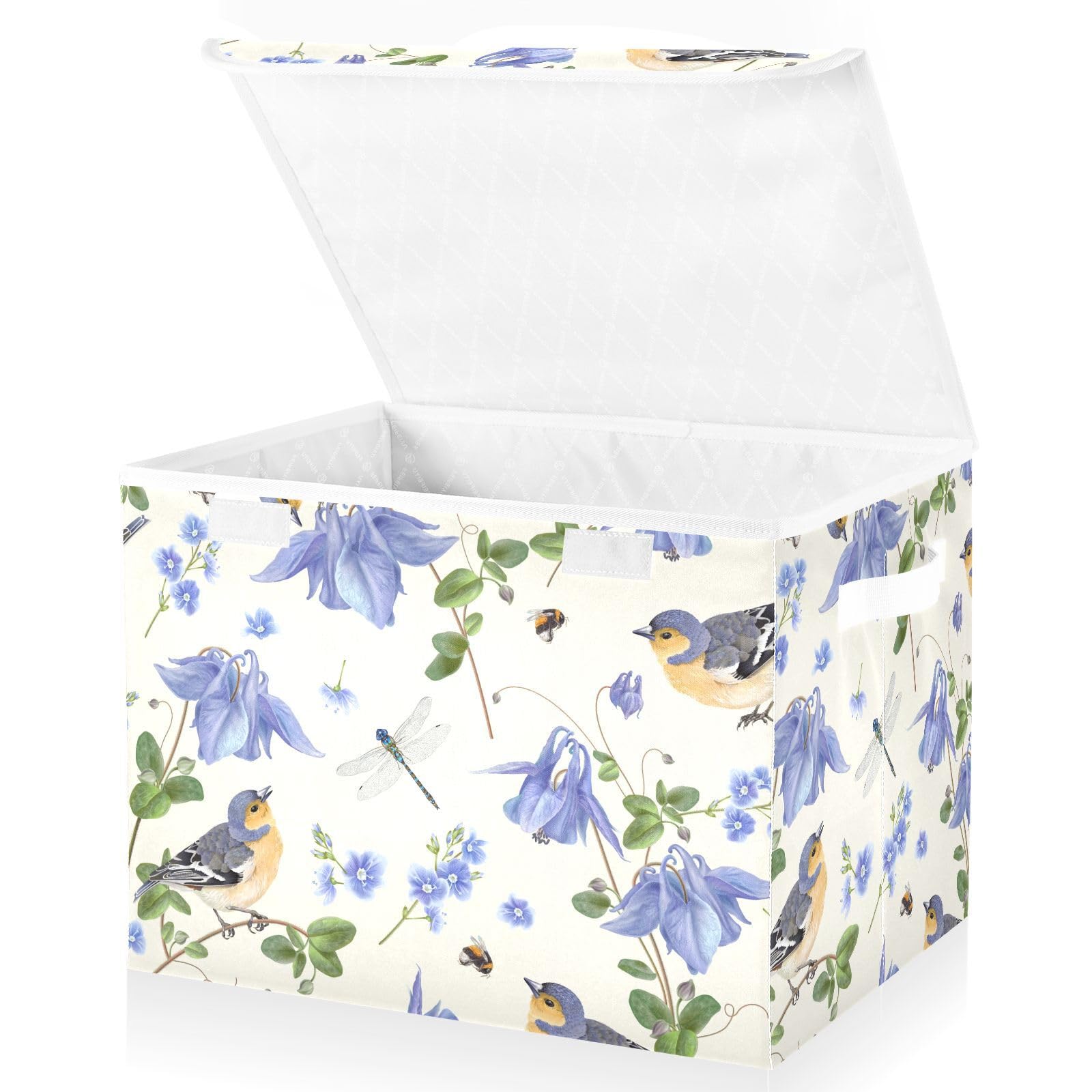 Mnsruu Storage Boxes with Lids, Botanical Blue Flowers Birds Large Storage Basket Organizer Shelves Cube Bin Toy Clothes Underbed