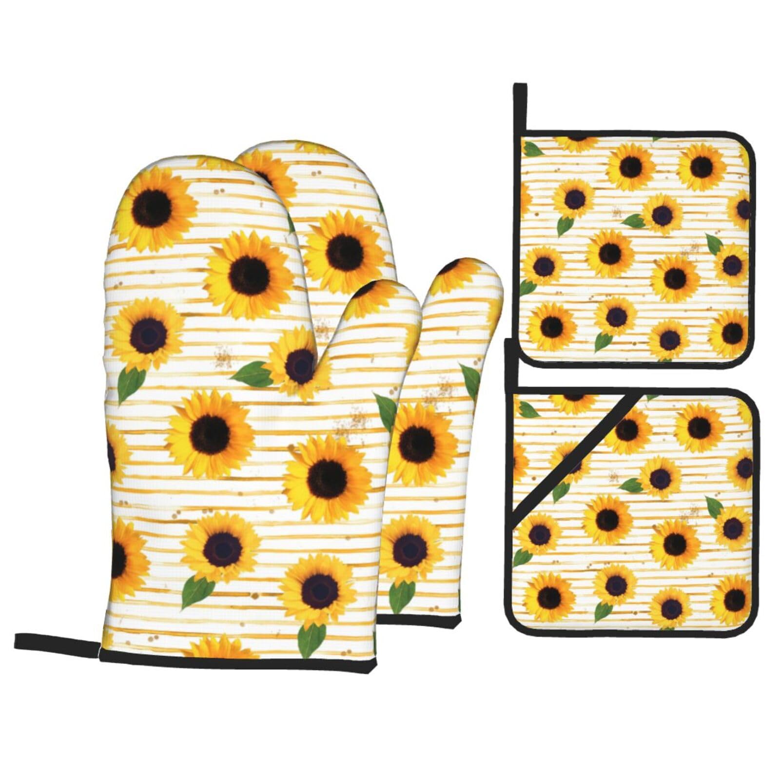 Sunflower pattern Print 4-Piece Oven Microwaving Set Waterproof Kitchen Gloves for Baking Grilling Cooking