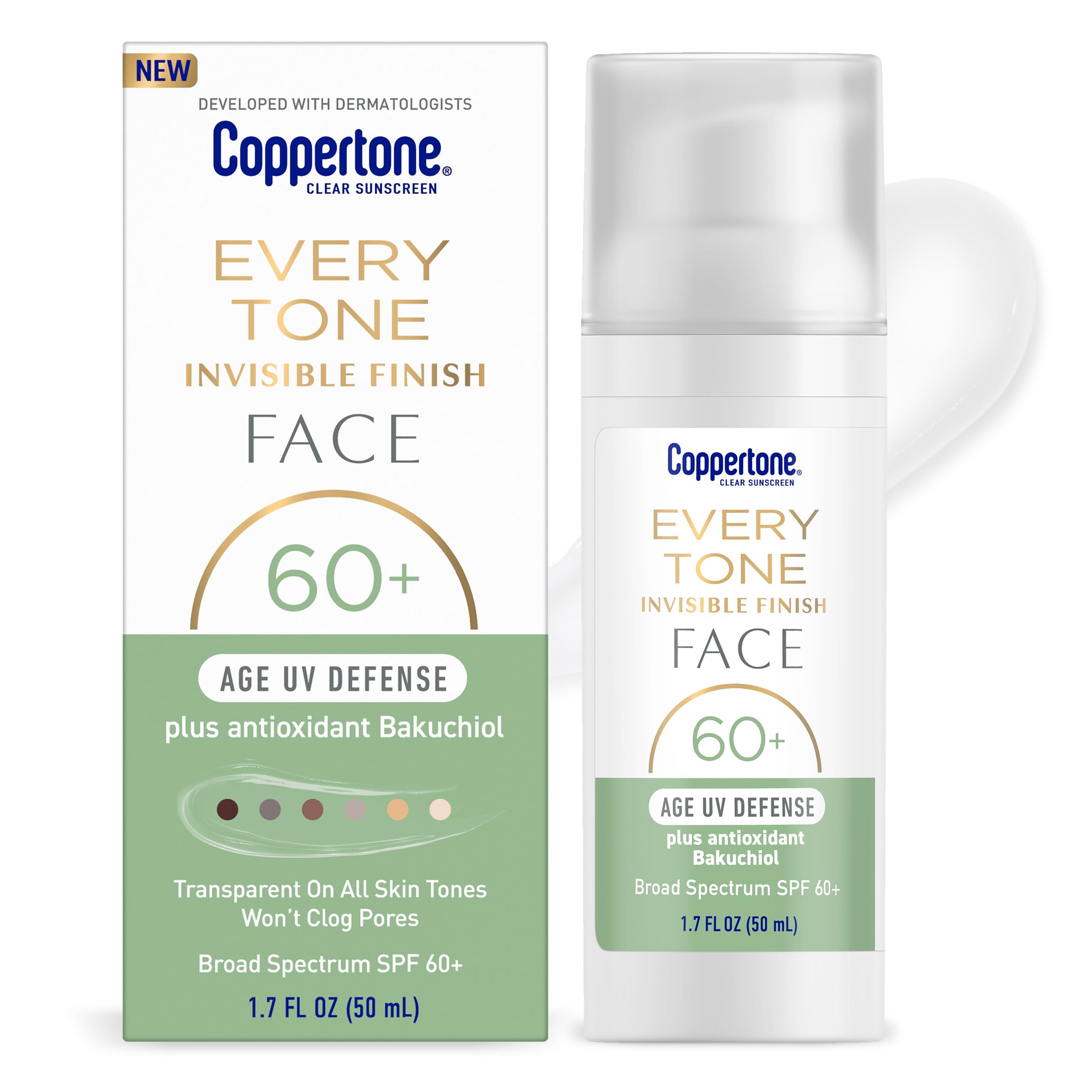 Coppertone Every Tone Invisible Finish Age UV Defense Face Sunscreen SPF 60 with Bakuchiol Lightweight Blends in Clear