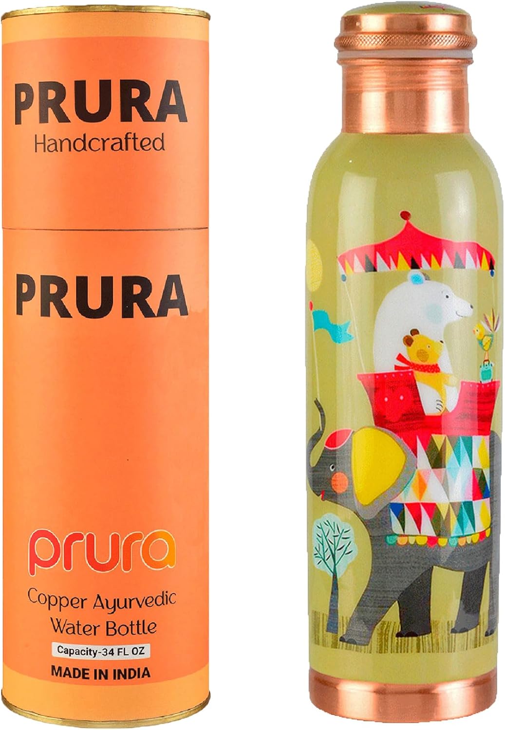 Pure Printed Copper Water Bottle - Leak Proof Ayurvedic Drinkware Copper Vessel for Sports, Gym, Outdoors, Yoga, Health Benefits