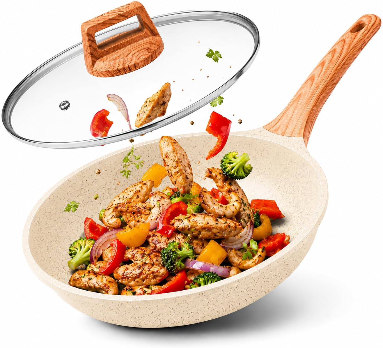 Frigideira Grande Wok Lecce Antiaderente Com Tampa Em Cerâmica Creme Cabo De Madeira