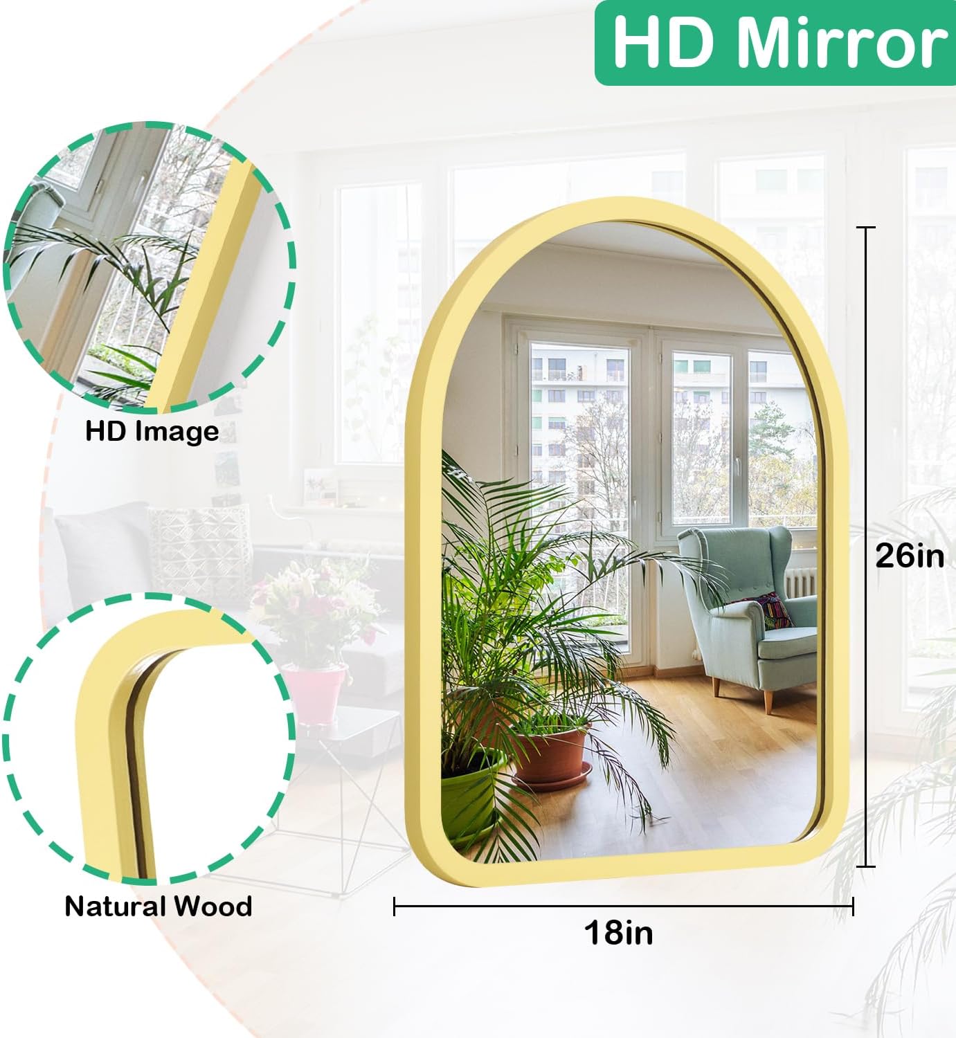 Wall Mirror Arch Rustic Wood Mirror Decorative Hanging Mirror for Bathroom Bedroom Farmhouse Entryway Hallway Large 26"×18"