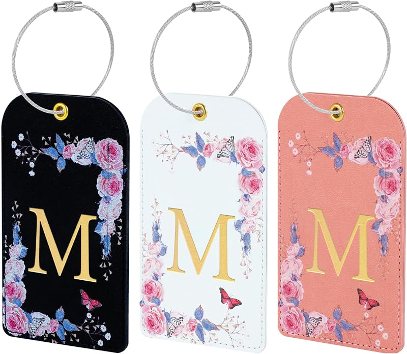 3 Pack Luxury Floral PU Leather Luggage Tags, Travel Accessories Gift (M) | Suitcase Tags with Stainless Steel Cable Strap, Hidden ID Slot for Privacy Protection, Waterproof & Easy to Identify