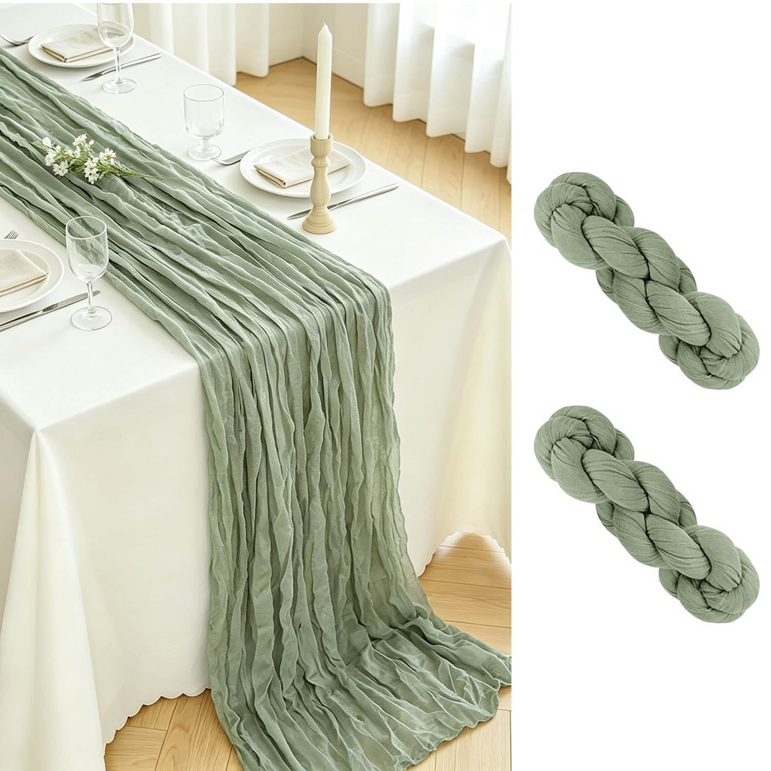 Cheesecloth Table Runner 90×300cm Rustic Boho Table Runner Gauze Sheer Fabric Table Runners for Kitchen, Farmhouse, Wedding, Party, Home Decor (Sage Green, 2 Packs,90 x 300cm)