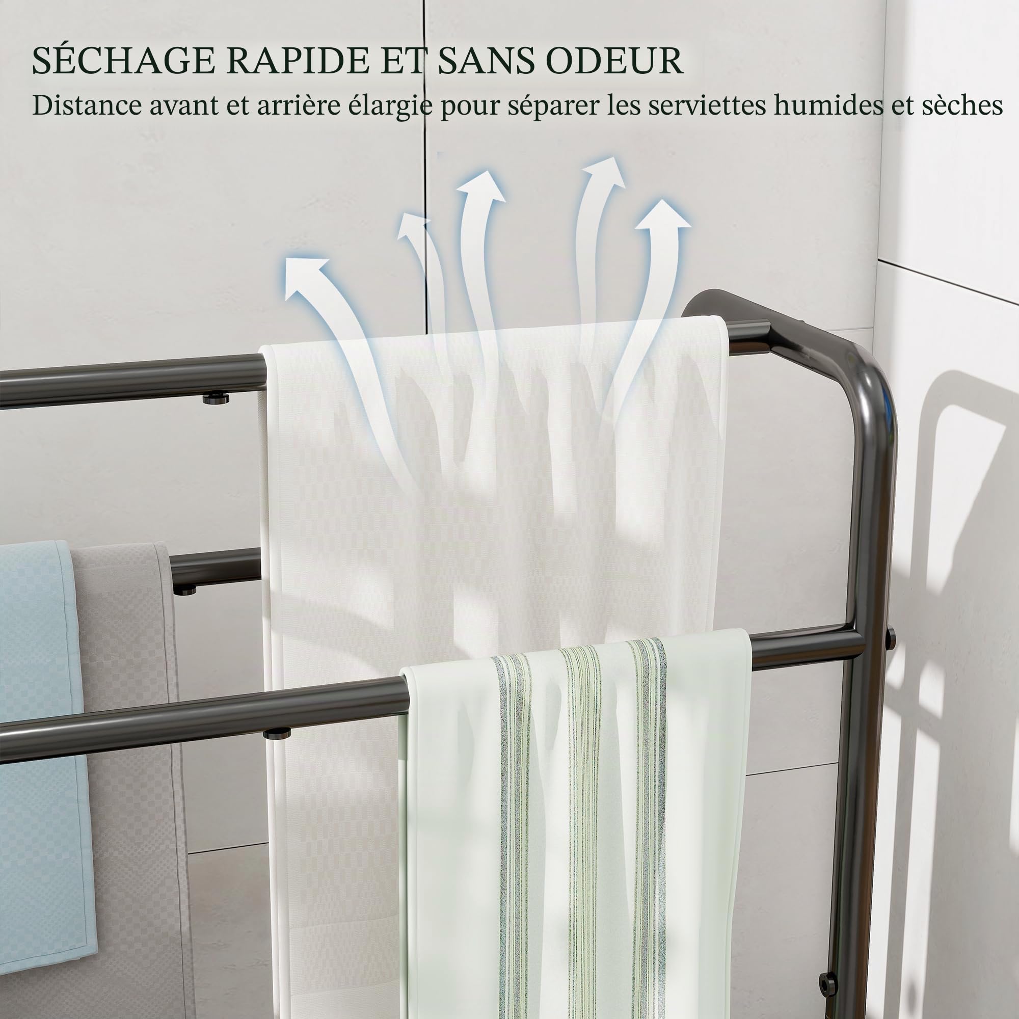 Porte-serviettes à 3 niveaux en métal, petit porte-serviettes autonome pour salle de bain, gain de place, chambre à coucher, salle de bain, étagère d'affichage pour piscine (noir, 70 x 27 x 76
