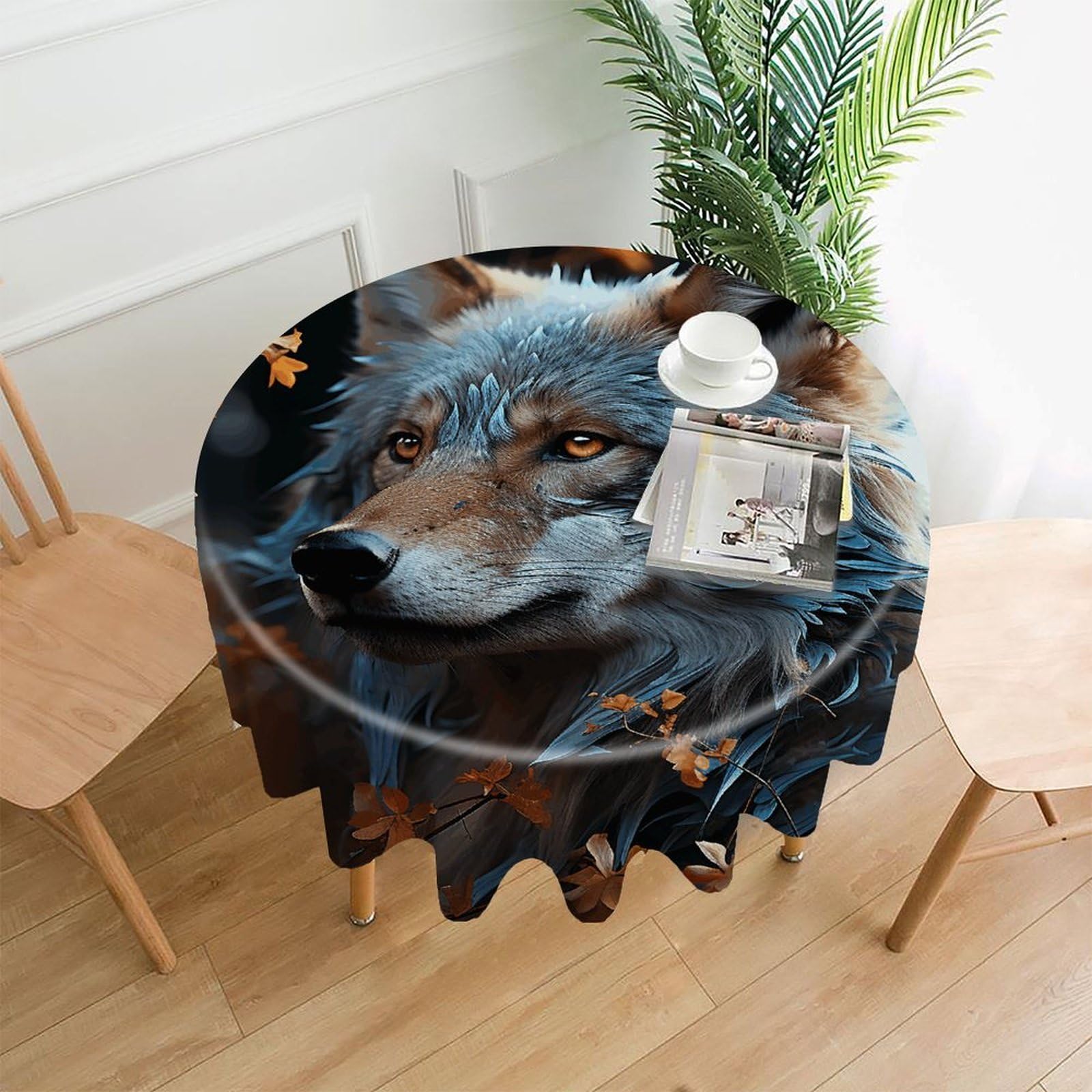 VstaDank Autumn Leaves and A Wolf Tablecloth Easy to Clean Polyester Round Table Cover Washable Round Table Cloth Wrinkle-Free Circle Decoration Tablecloth for Kitchen Dining Room 60"