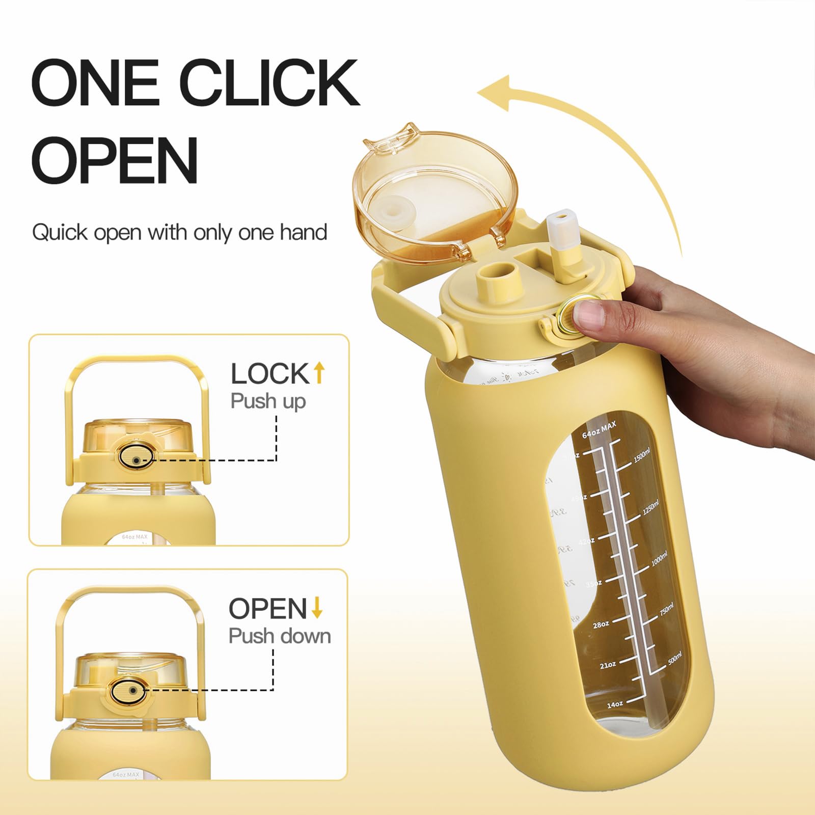 chunmo Borraccia in vetro da 1,2 l, 1,5 l, con cannuccia, da mezzo gallone, con indicatore del tempo, con custodia in silicone e coperchio con manico, per allenamento in palestra
