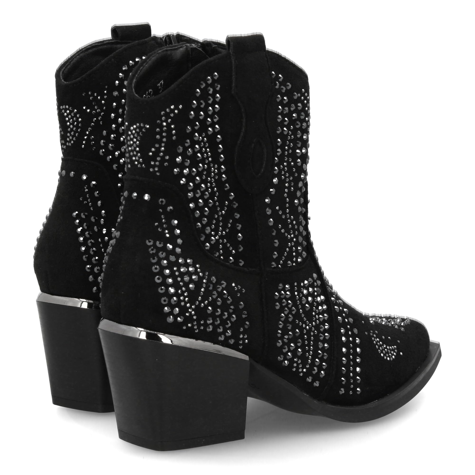 Botin de Mujer con Estilo Vaquero, Detalles Brillantes y Cierre Comodo. Diseno de Tachuelas Brillantes, Tacon Cubano.