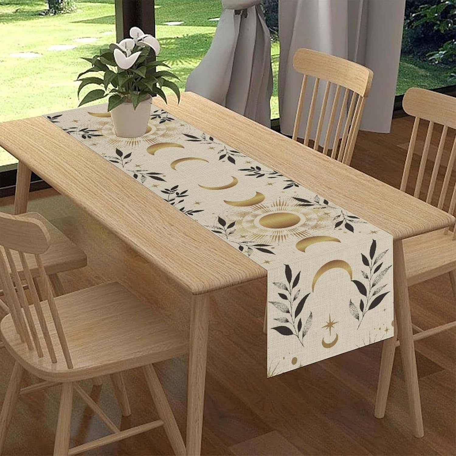 Boho Floral Table Runner, Vintage Moon Phase Hippie Astrology Moonlit Leaves Mystic Aesthetics Art Table Center Decor for Home Kitchen Dining Patio Holiday Party Table Decorations, 13"x108" Inch