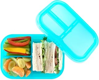 Bumkins Snack/Lunch Bento Box for Kids and Adults, 3 Compartment Container, Leak Proof Lid, for Portioning, Large Section Can Hold Sandwich, Food-Safe LFGB Platinum Silicone, Microwave-Safe, Blue