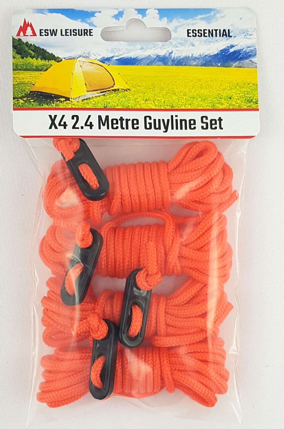 Esw Leisure Orange 2.4 Guyline Ropes 4 Pack For Tents Awning Camping Strong Lightweight Paracord Guy Rope With Tensioner Guy Lines Fishing Umbrella Shelter Accessory Caravan Gazebo (, 2.4 Metre 4 Pack)