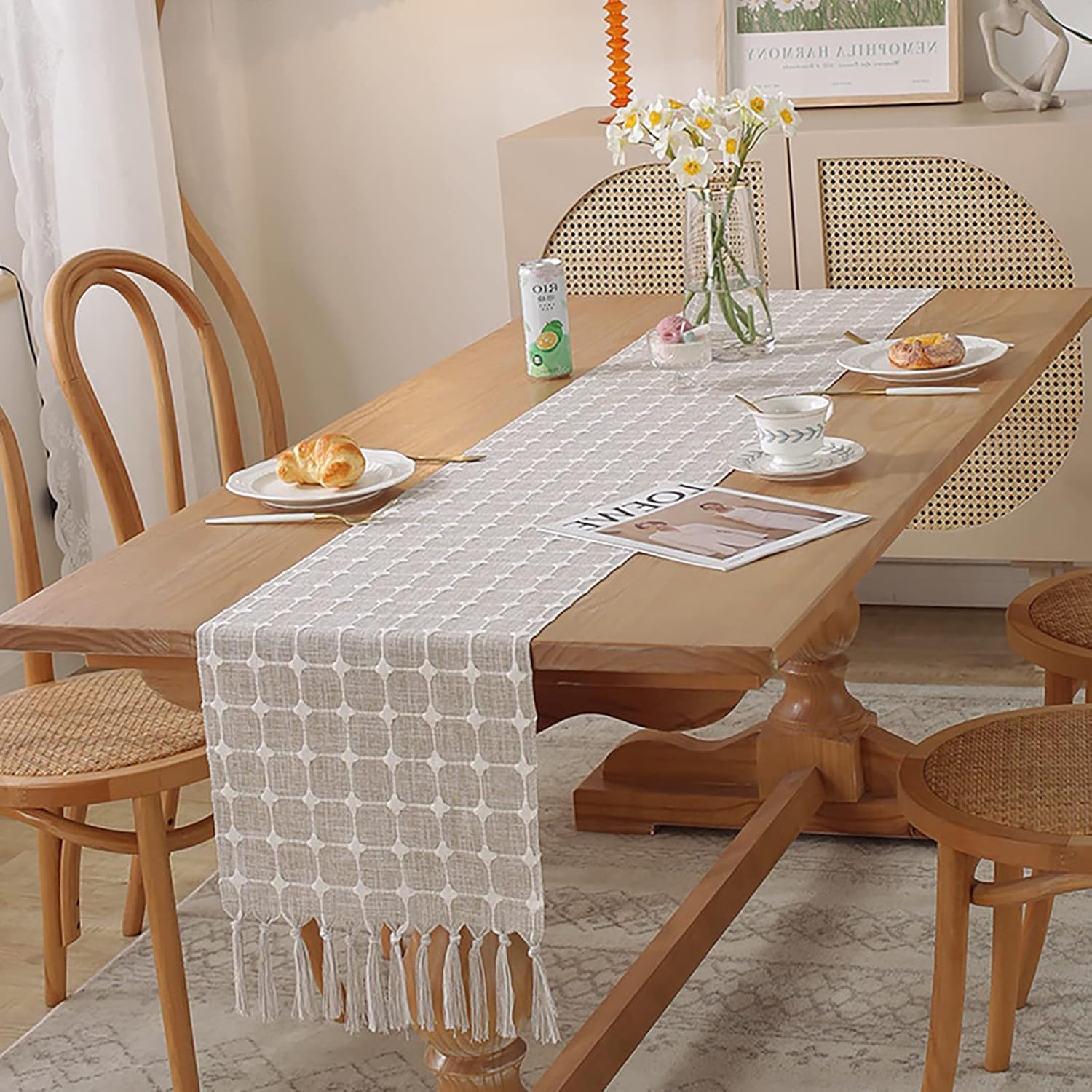Hsvanyr Cotton Linen Rustic Table Runners with Tassels Rectangle Embroidered Dresser Scarf for Kitchen Dining Picnic Coffee Table,13inch by 94inch,Light Brown Buffalo Plaid