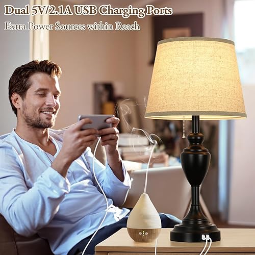 Miniatura 2 de Lámparas de mesa de 24 pulgadas de alto con 2 puertos de carga USB, lámparas rústicas de mesita de noche para dormitorios, juego de 2, lámparas de