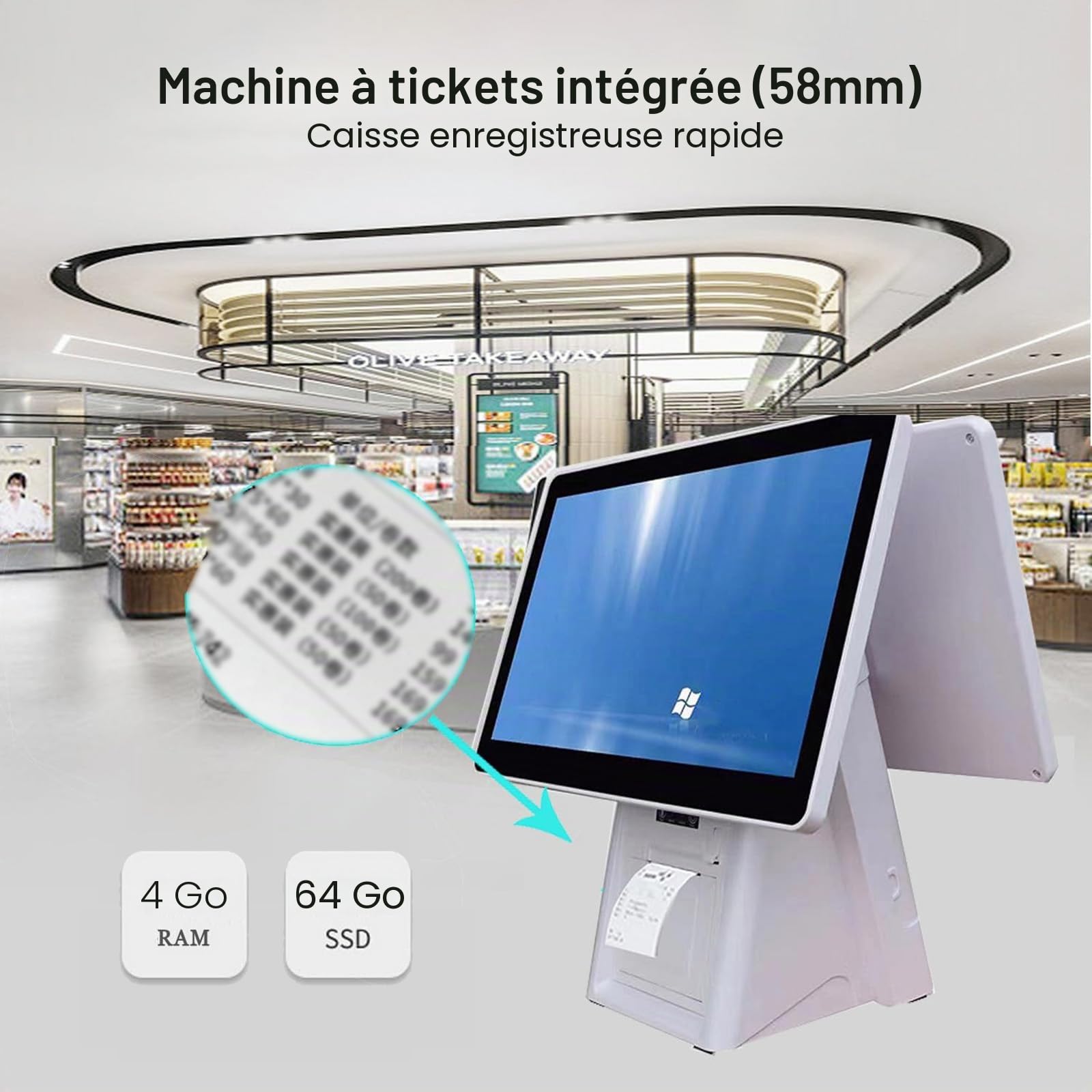 Caisse Enregistreuse POS (15,6"), Écran Tactile, Caisse Enregistreuse Rapide (Distributeur De Tickets Intégré), Résolution 1366×768/4 Go De RAM + 64 Go De SSD, pour Restaurant,Singlescreen