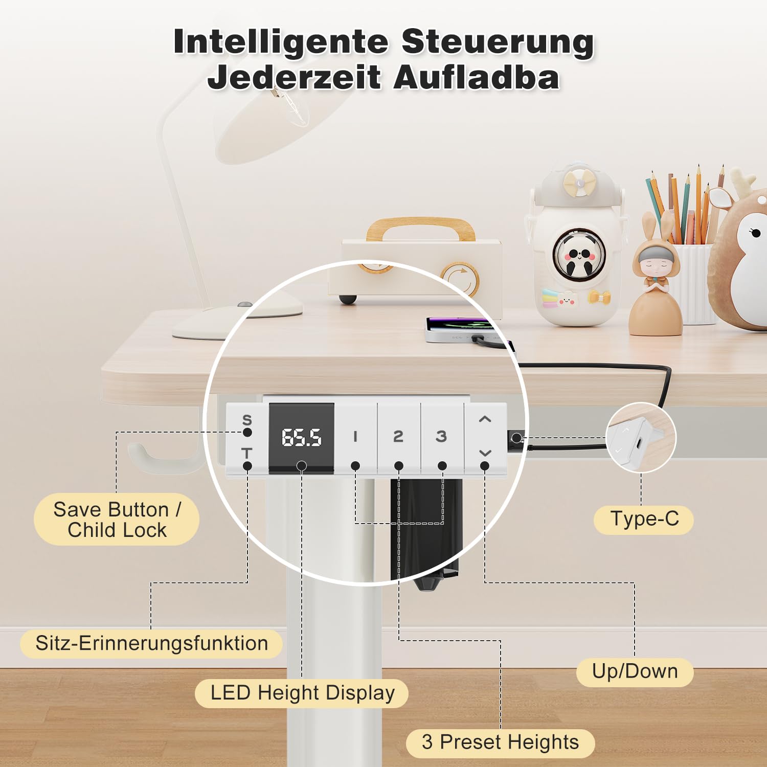Devoko Kinderschreibtisch, Elektrisch Höhenverstellbarer Schreibtisch mit neigbarer Tischplatte mit Schubladen, Standing Desk mit 3 Speicherplätzen, Schreibtisch Kinder ab 6 Jahren, 120 x 60 cm Beige