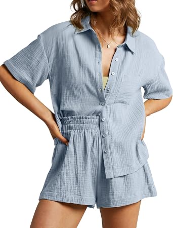 COZYPOIN Womens 2 Piece Casual Outfits Cotton Linen Button Down Shirt Top High Waisted Shorts Set Tracksuit