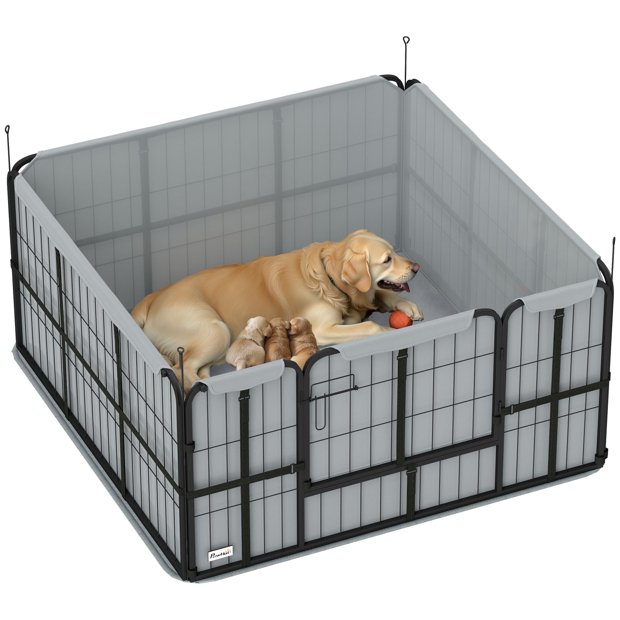 PawHut Whelping Box for Dogs and Puppies, 4 Panel Whelping Pen with Washable Whelping Pad, Wind-Resistant Cloth, Lockable Door, Dog Playpen for Small and Medium Breeds, 122 x 122 x 60cm