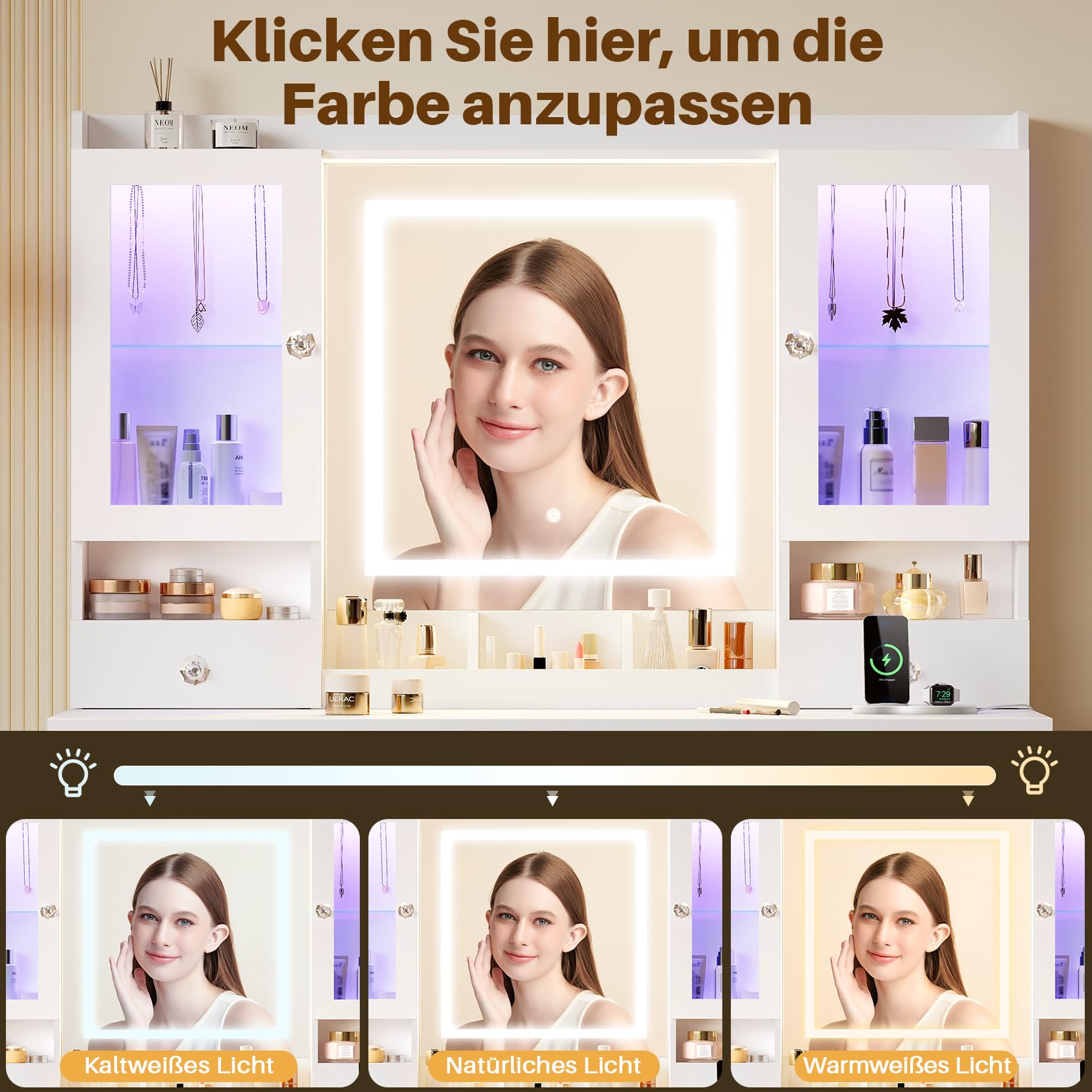Dripex großer Schminktisch mit Beleuchtung und Steckdosen, Schminktisch mit Spiegel und 2 luxuriösen transparenten Vitrinen mit RGB, Vanity Desk Dressing Table fürs Schlafzimmer, weiß