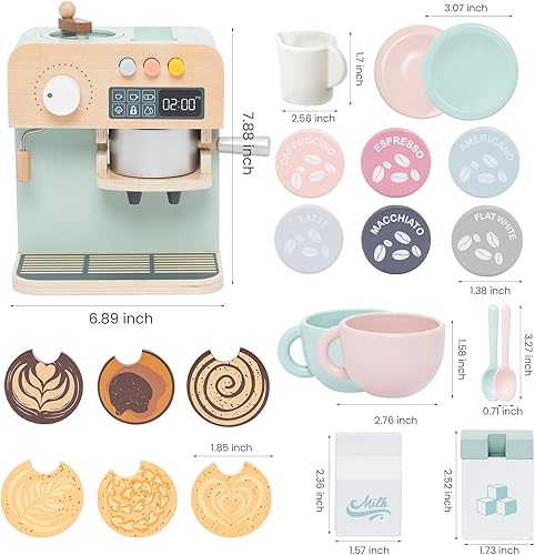 Miniatura 6 de Juego de cafetera para niños, 23 juguetes de cocina de madera, accesorios de cocina para niños pequeños, juego de máquina de café espresso, regalo
