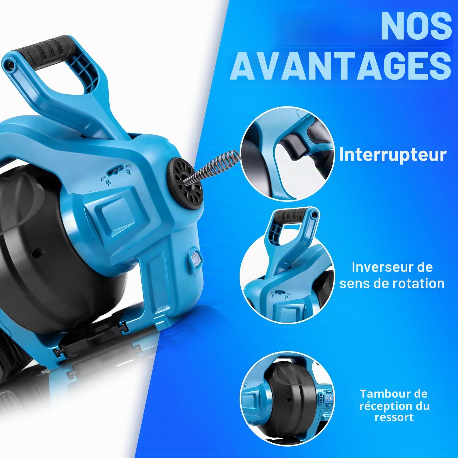 XIIW 20V Furet Déboucheur Canalisation avec 7,6m Spirale, 2 Batteries | Tarière Électrique Câble Flexible pour Débouchage/Nettoyage Tuyaux Ø19-85mm, Avant/Arrière, Chargeur Sac & Protections