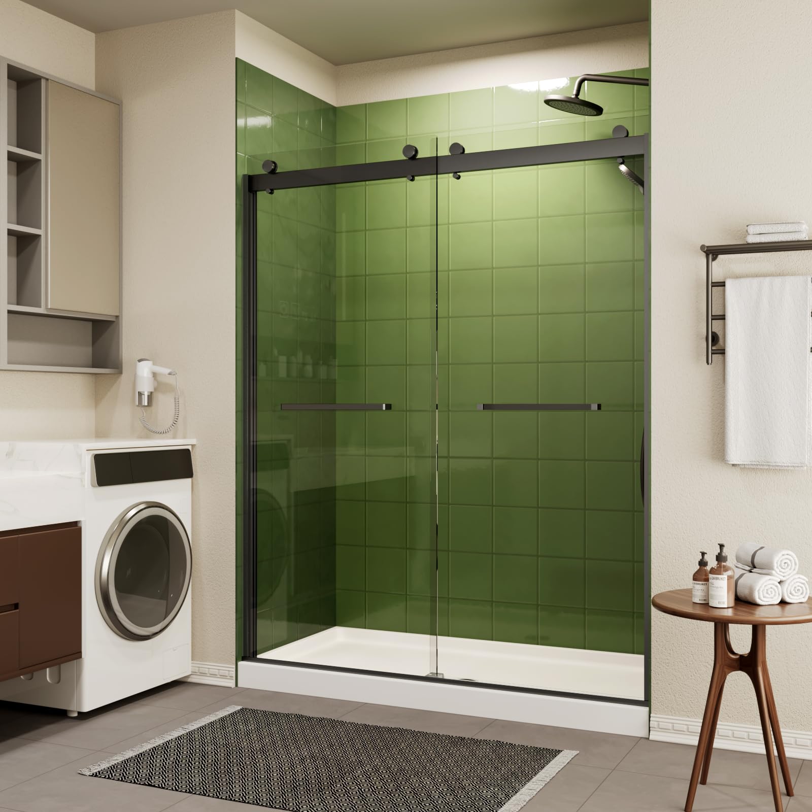 Frameless Double Sliding Shower Door 56-60" W x 74" H with 5/16" (8mm) Clear SGCC Tempered Glass, Matte Black Finish Shower Doors, Reversible Installation