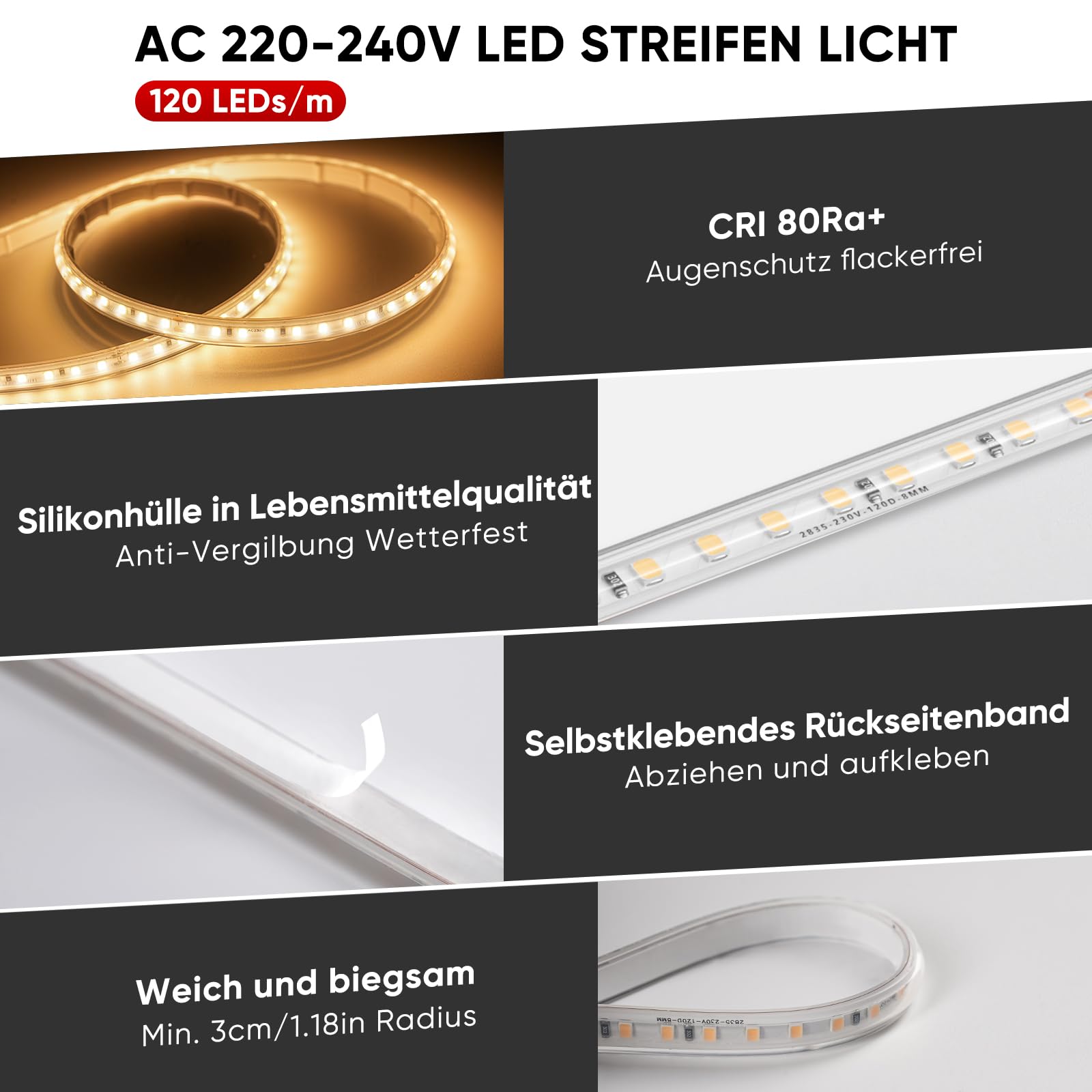Shine Decor LED Streifen 30m, AC 220V 230V IP65 Wasserdicht LED Band, SMD 2835 120 leds/m Ultrahohe Helligkeit Lichtleiste für Küche Garten LED Beleuchtung (30M, Warmweiß, CE Zertifiziert)