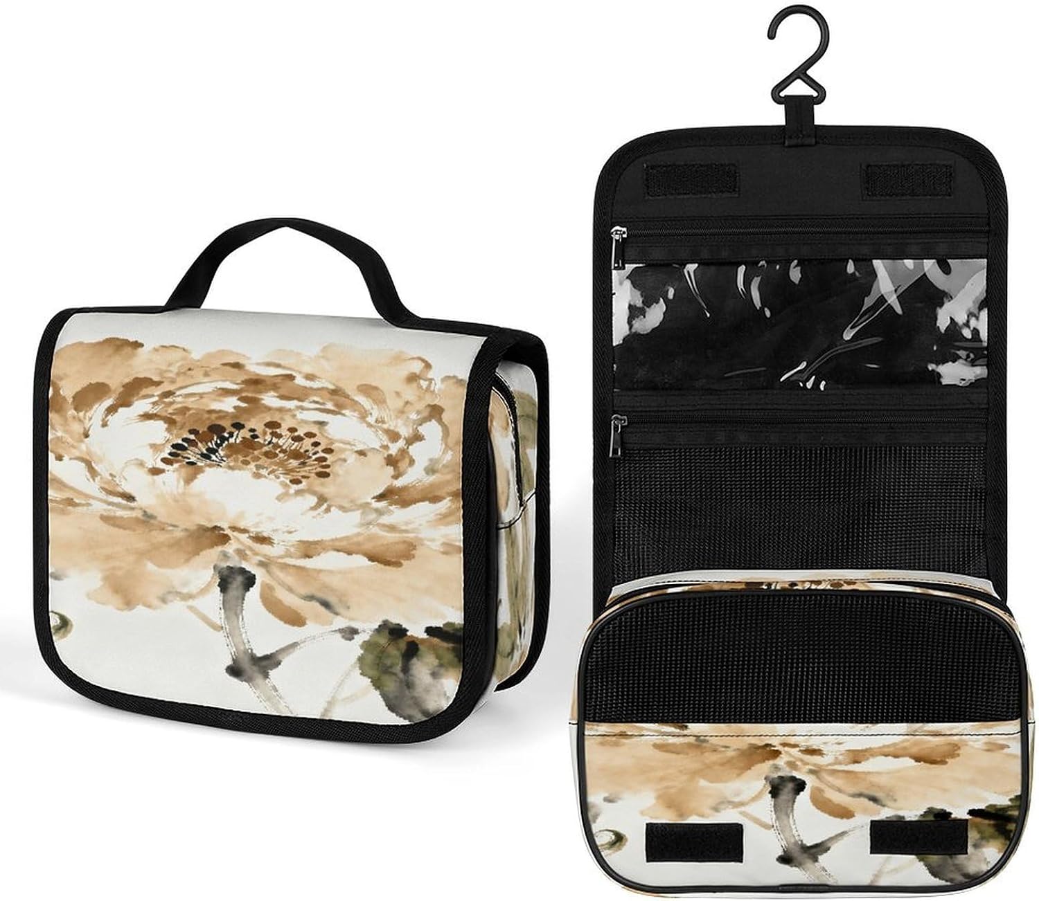 F Khaki Ink Floral Toiletry Bag Portable Hanging Cosmetic Bag Large Capacity Travel Makeup Bags for Bathroom