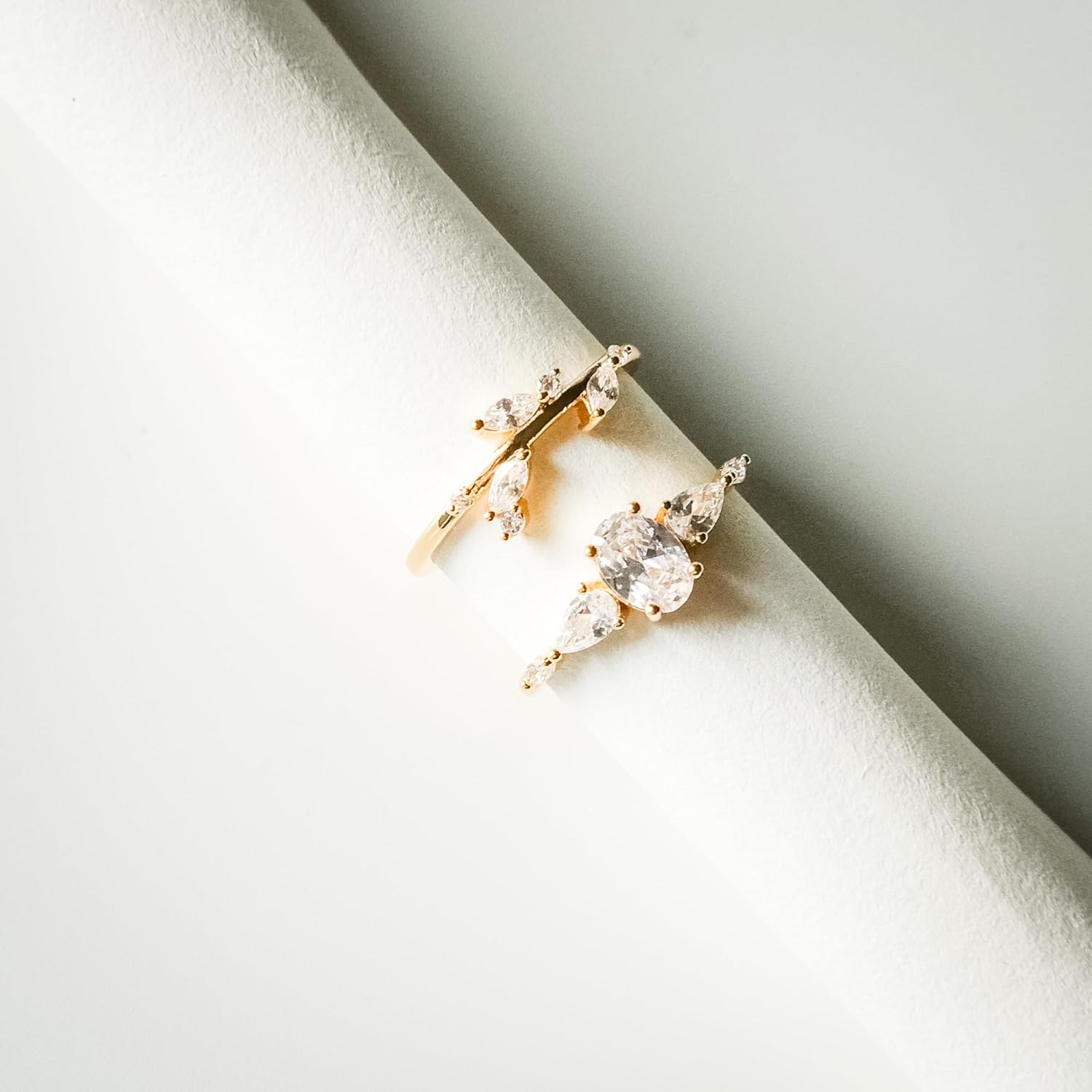 Modern Wedding Ring Stack | Three Stone CZ Engagement Ring | Women's 14K Gold Leaf Vine Wedding Band | Cubic Zirconia Bridal Set - Anniversary - Image 5