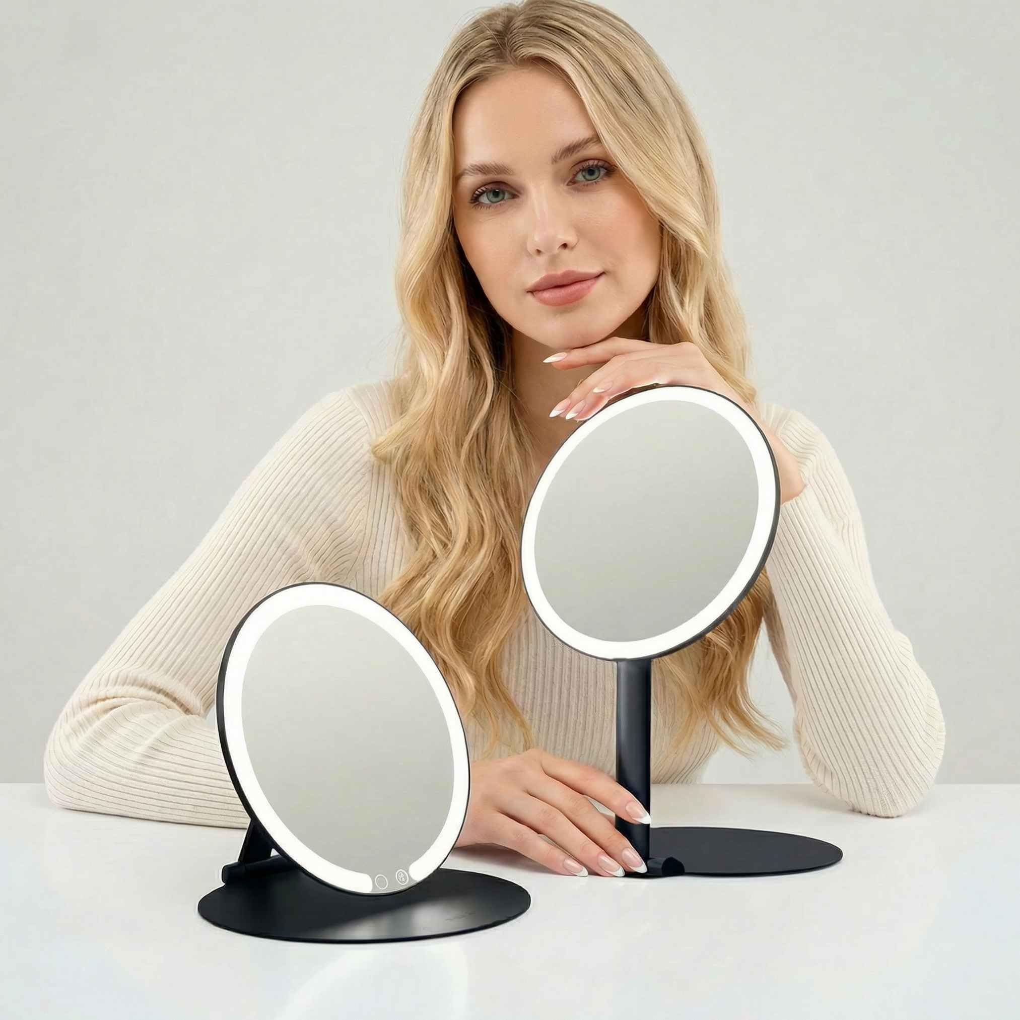 Fancii Abigail - Specchio da viaggio ricaricabile con luce LED, supporto pieghevole da 20,3 cm, illuminazione a 3 colori, specchio da viaggio dimmerabile e leggero, essenziale da viaggio (nero)