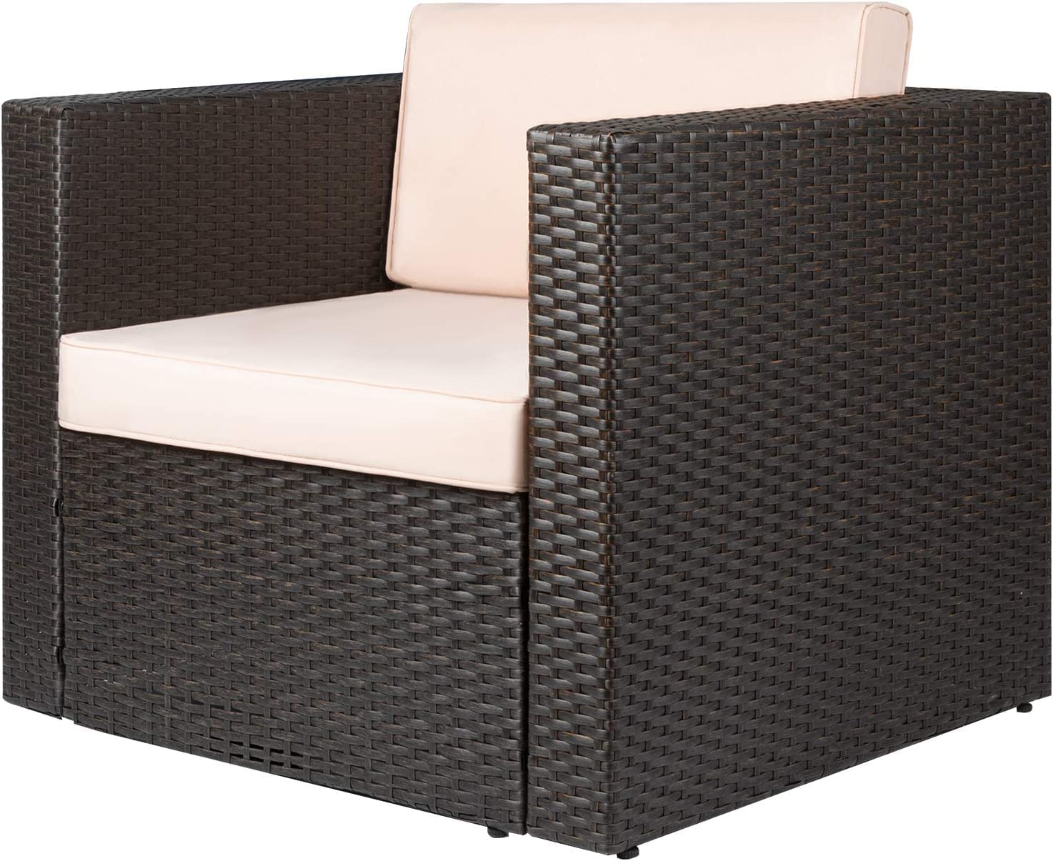 DEVOKO Outdoor 1 Piece Patio Wicker Corner Chair Single Sofa with Cream Cushions Conversation Set for Garden, Balcony, Lawn (Dark Brown)