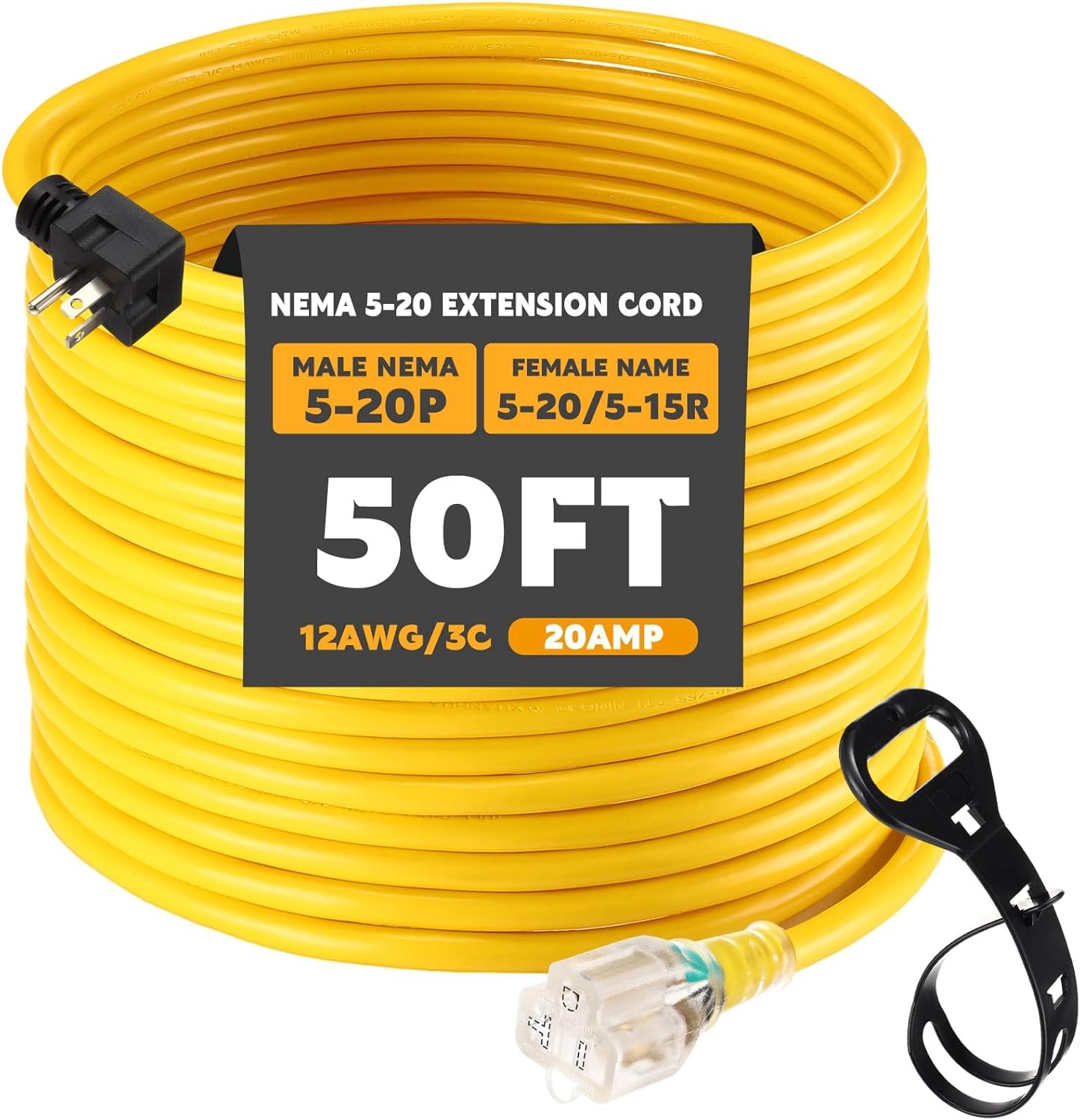 Kanayu 20 FT NEMA 5-20 Extension Cord, 5-20P Male Plug to 5-20/5-15R Female Receptacle, 20 Amp T-Blade Outlet Extension Power Cord with Indicator Light, 12 AWG, ETL Listed