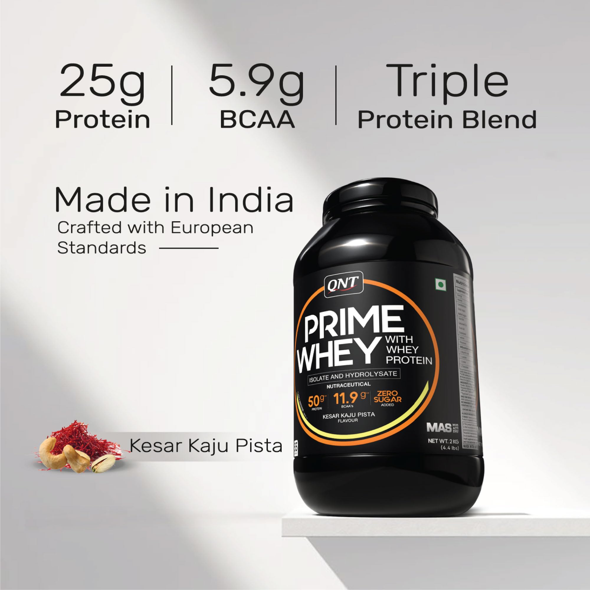 QNT Prime Whey Protein Powder | Kesar Kaju Pista, 2 Kg | Triple Blend of Whey Isolate, Concentrate & Hydrolysate | 25g Protein, 5.9g BCAA per Scoop | Best Whey Protein Powder for Men & Women — Amazon image 4