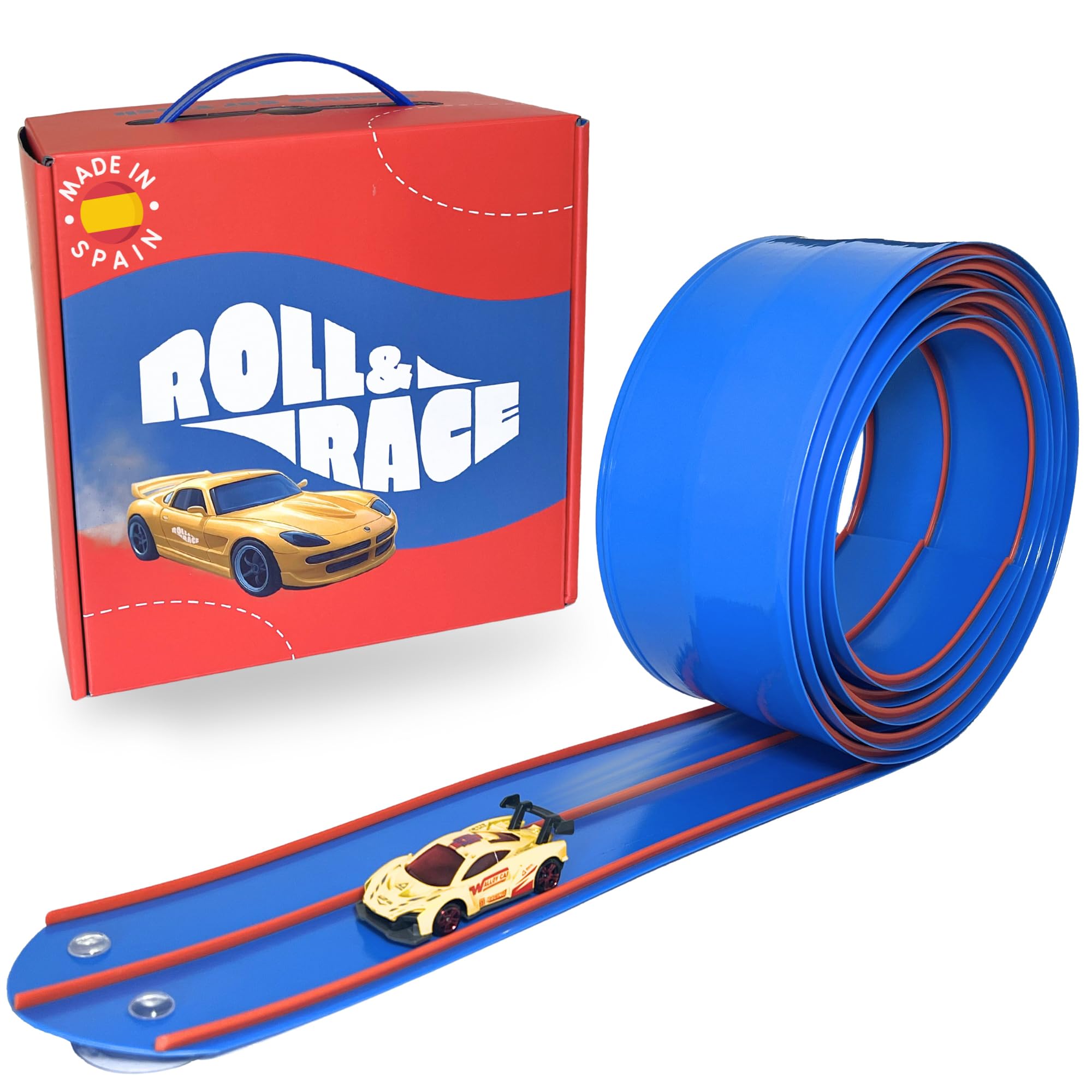 Roll&Race Pista de Coches Flexible y Enrollable 400cm – Fabricado en España - Circuito de Carreras de Goma - Flexible Car Track - Juguete Regalo Niño - Race Cars Wheels - Rampas para Coches