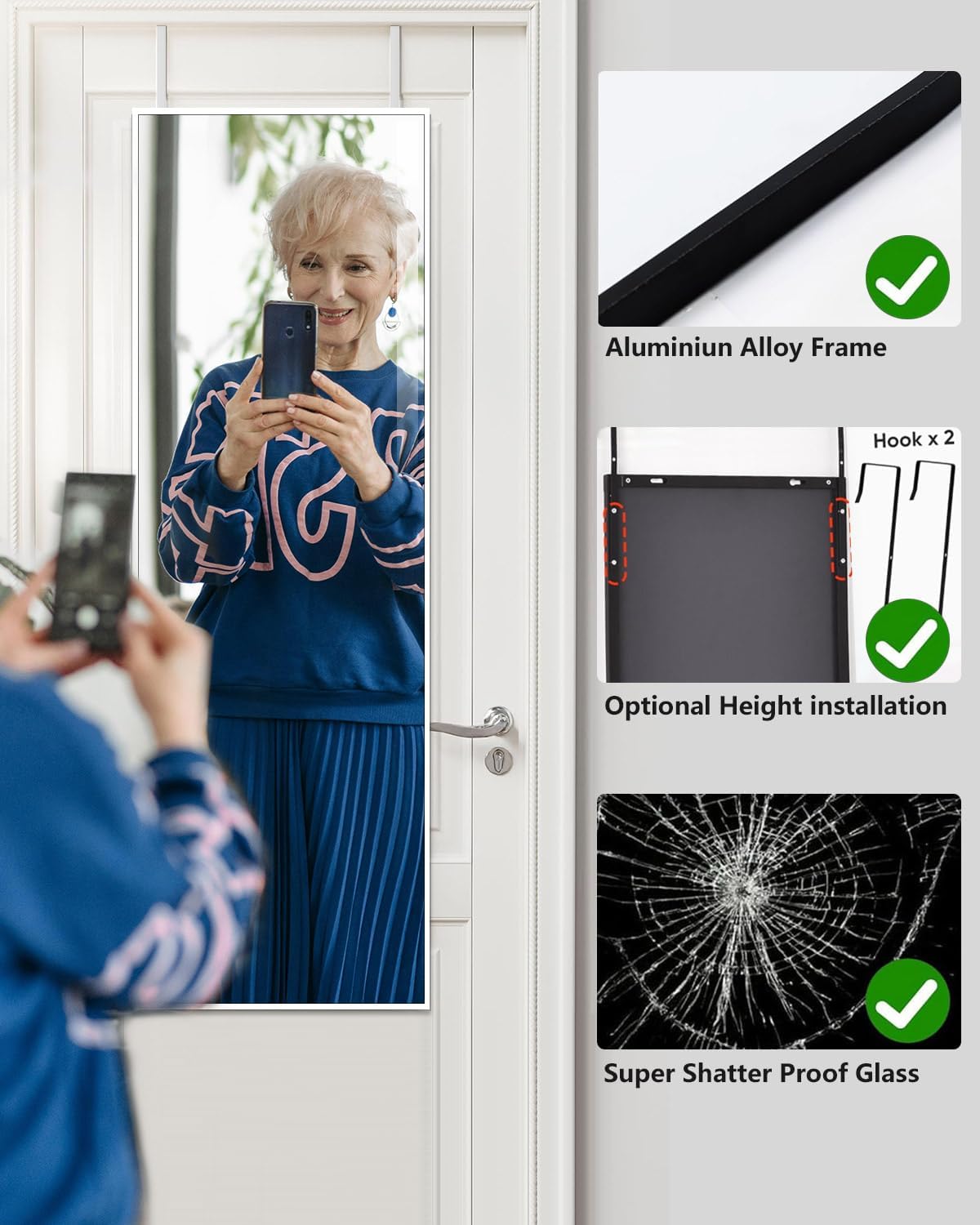 48"x14" Over-The-Door Full Length Mirror - No Drill Hanging with Metal Hooks, Shatterproof Glass & Aluminum Frame for Bathroom, Bedroom, Entryway Decor（Silver White） - Image 4