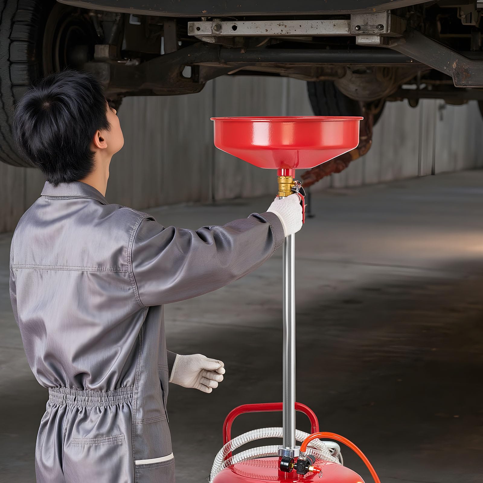 VEVOR Tanque de Drenaje de Aceite Usado, Drenaje de Aceite Portátil Neumático de 95 L con Embudo Ajustable y Ruedas, Drenador de Combustible Líquido para Taller de Reparación de Automóviles, Rojo