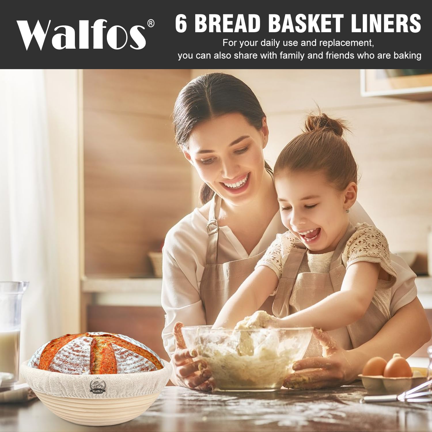 WALFOS 6 Packungen Brotkorb-Auskleidung, 22,9 cm, rund, Brotgärkorb, Stoffeinlage, Backteigkorb, Abdeckung, natürliches Rattan, Banneton-Gärkörbchen