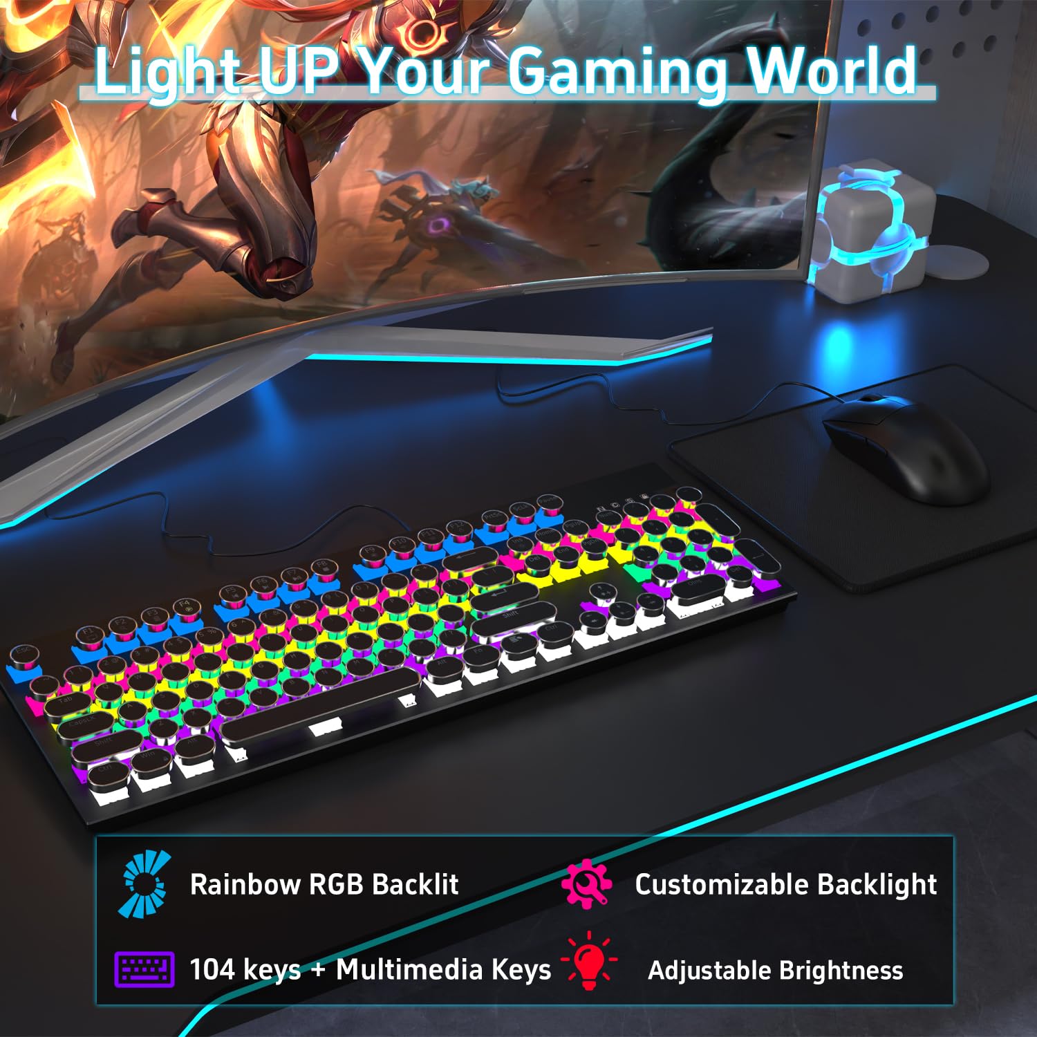 Ensemble de clavier de jeu mécanique punk bleu – Clavier USB filaire avec commutateurs bleus à clic, touches ABS, rétroéclairage RVB de couleurs mélangées avec souris et tapis de souris