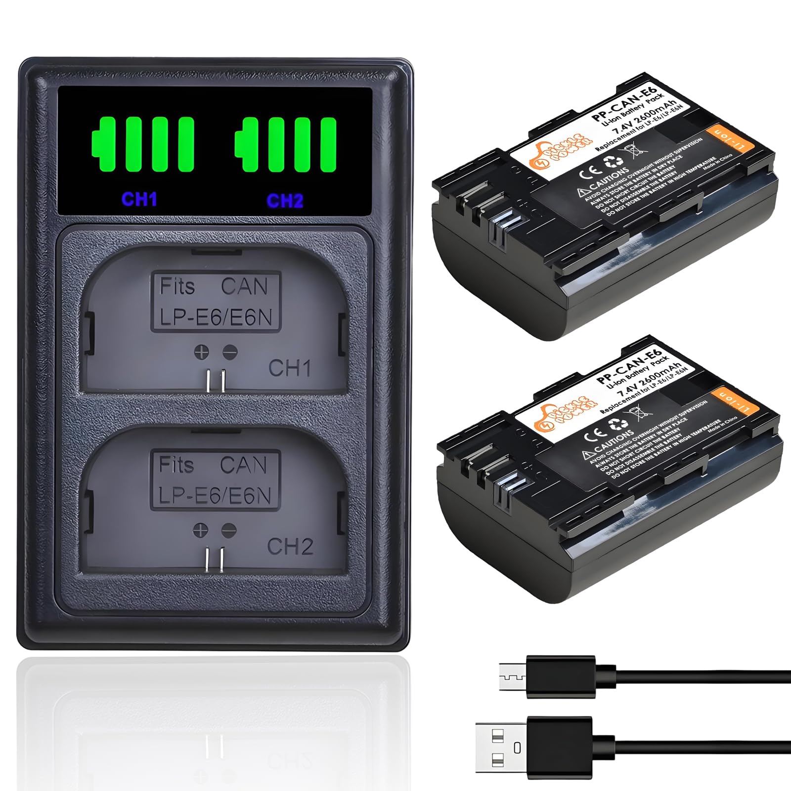 2 Pack LP-E6 LP-E6N Battery and Intelligent USB Battery Charger for Canon EOS 5D Mark II/II, 80D, 90D, 70D, 60D, 6D, 7D, 7D Mark II, 5DS, 5DS R, XC10, BMPCC 4k 6k Cameras