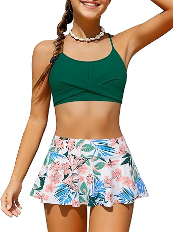 Girls Swimsuit Two Piece Bathing Suit Criss Cross Print Bikini Set with Ruffle Hem Teens Swim Suits 6-14Y