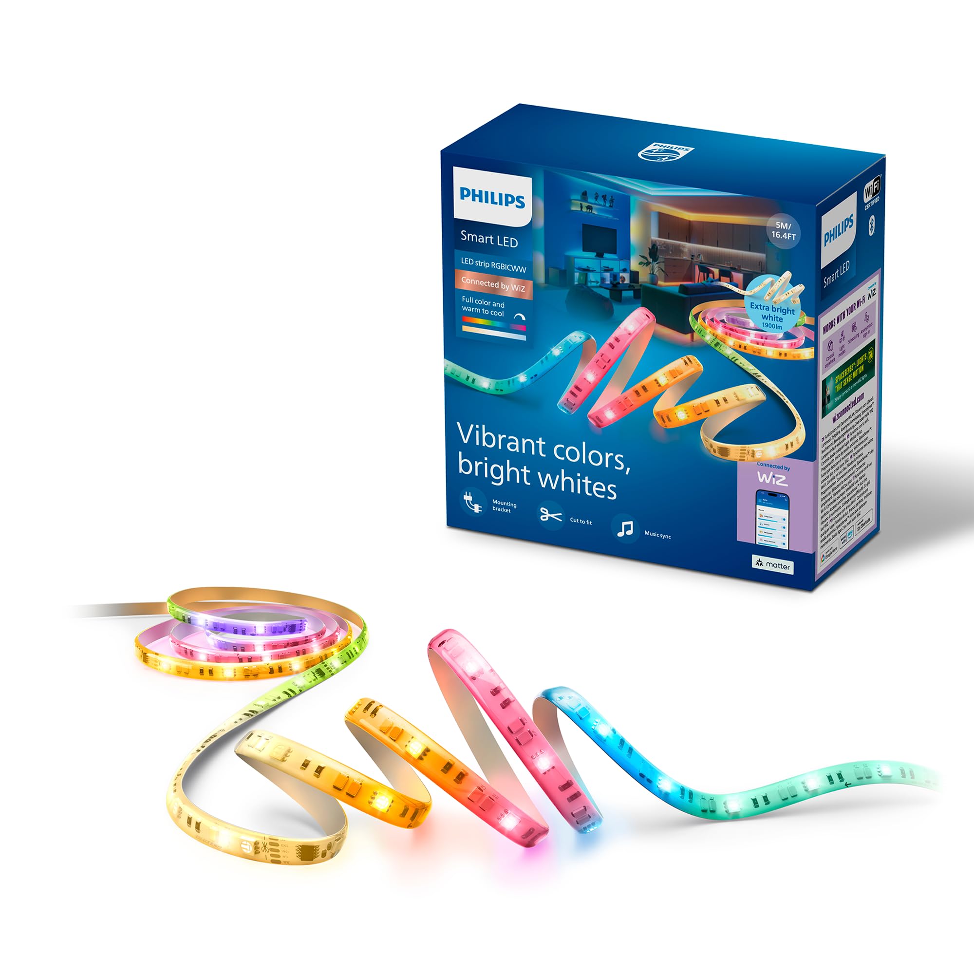 Philips Smart Lighting RGBICWW-LED-Streifen, 5 m, Typ C, Mehrfarbige Farbverläufe, Einstellbares Weißlicht, Ambientes Licht, Connected by WiZ, Alexa, Google Home, Apple Home, 1er-Pack