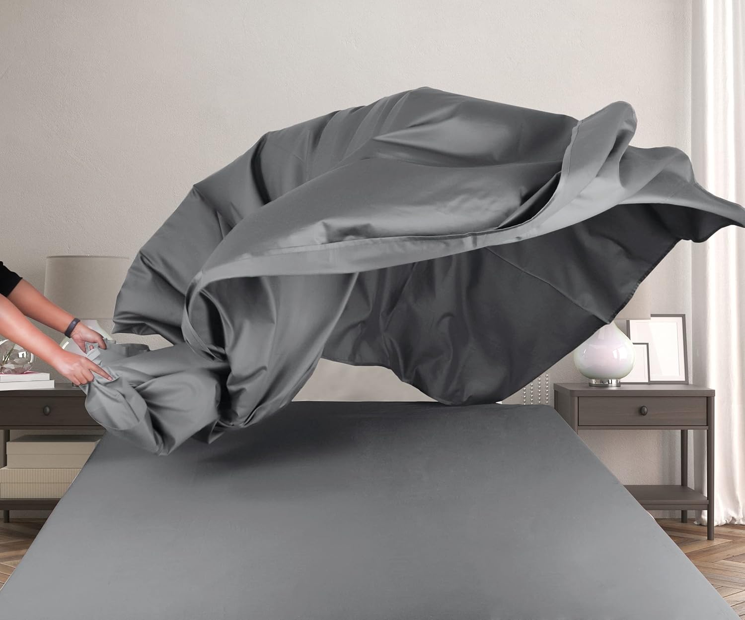 100% Natural Cotton Flat Sheet - 600 Thread Count, Soft and Crisp, Breathable, Hotel Luxury Top Sheet Only, Ultra Premium Sateen Weave - Dark Gray, Queen Size : Home & Kitchen