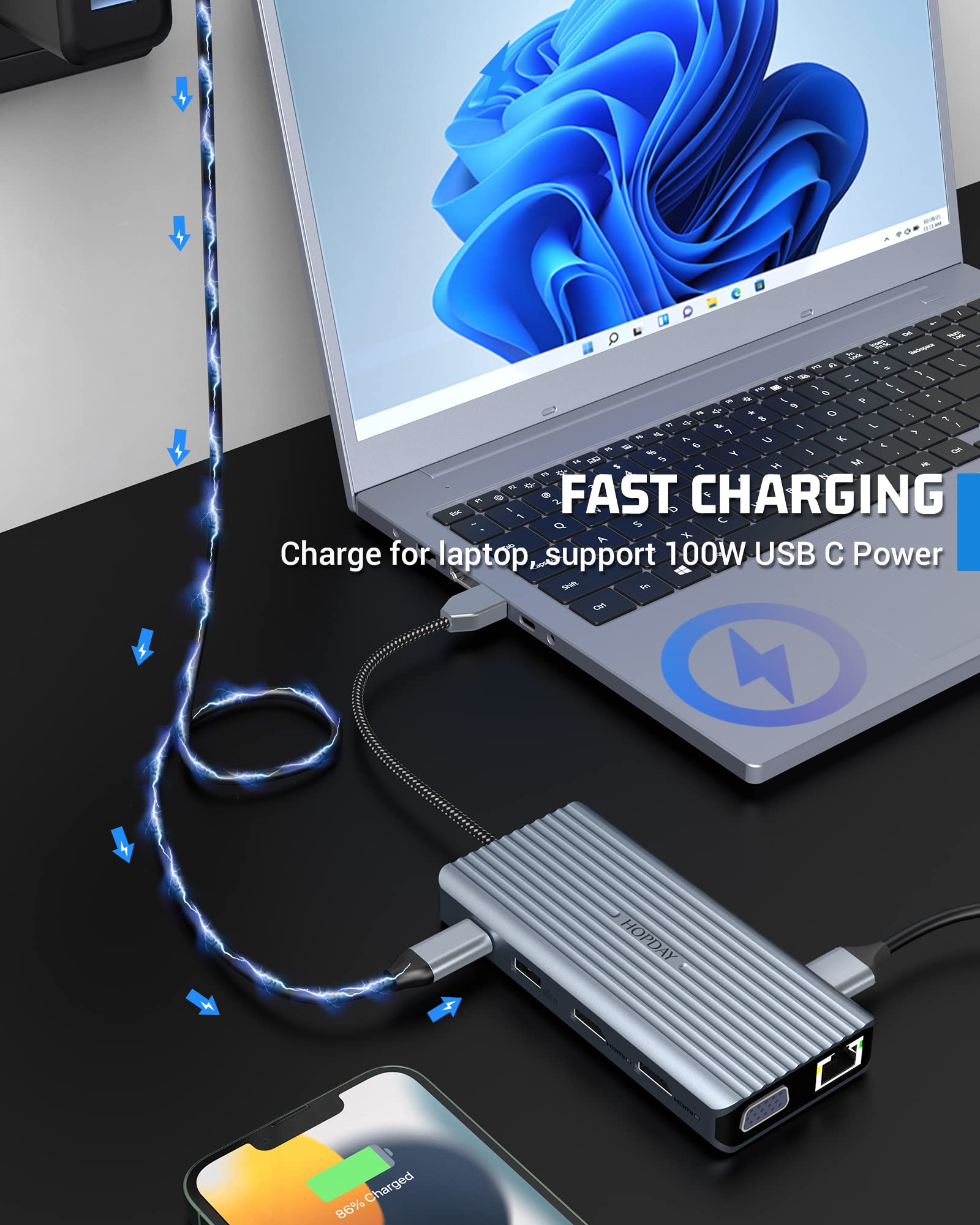 Pantalla Triple de Docking Station USB C de VGA/2*HDMI, 12 en 1 USB C HUB, Adaptador USB C MacBook Pro/Air(USB A 3.0,1G Ethernet,PD 100W,Mic,SD/TF Dongle para DELL, HP, Lenovo