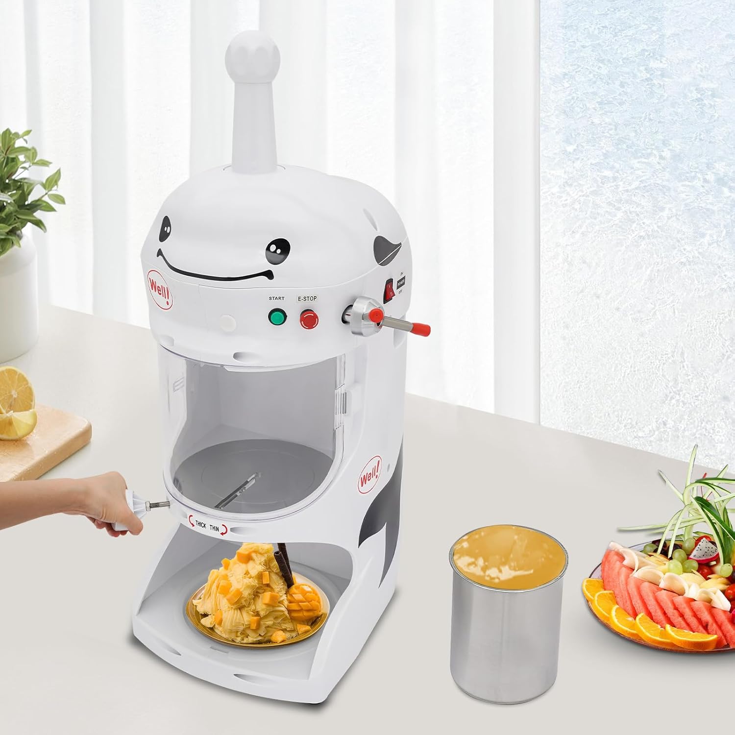 Snow Cone Machine, 350w Commercial Ice Crusher 350RPM Ice Shaver Machine 90kg/H Stainless Steel Shaved Ice Machine Adjustable Crushed Ice Thickness for Home, Snack Bars, Cafes, School Cafeterias