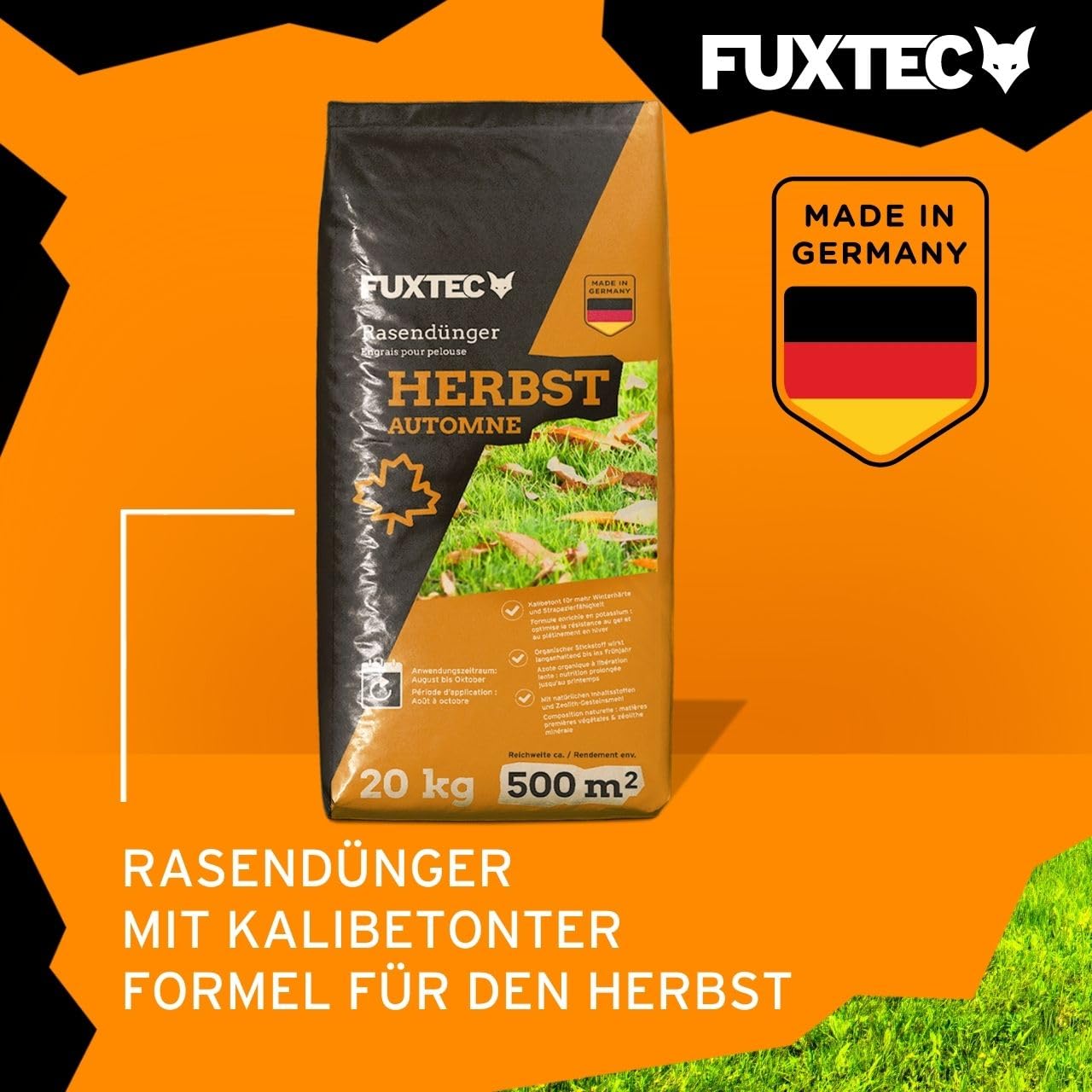 FUXTEC Herbstrasendünger FX-RDH20, Kaliumdünger für ca. 1000 m² - 20kg - Rasendünger mit Kalium zur Stärkung vor dem Winter, Frosthärtung & Nährstoffversorgung, für Frosthärte, gegen Moos & Unkraut
