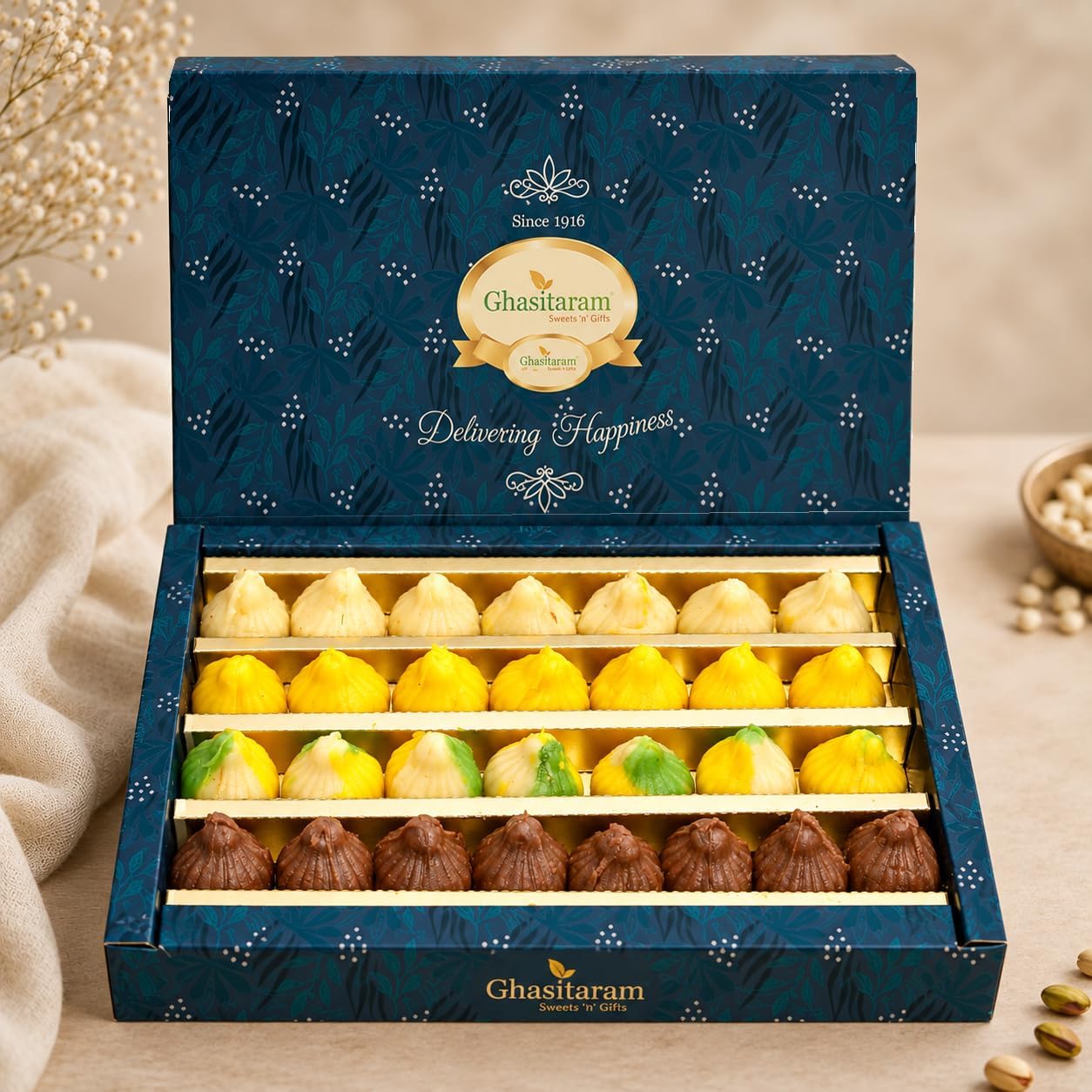 Ghasitaram Gifts Indian Sweets - Sweets Ganesha Chaturthi Gifts Modaks Sugarfree Pure Kaju Assorted Modaks 800 GMS