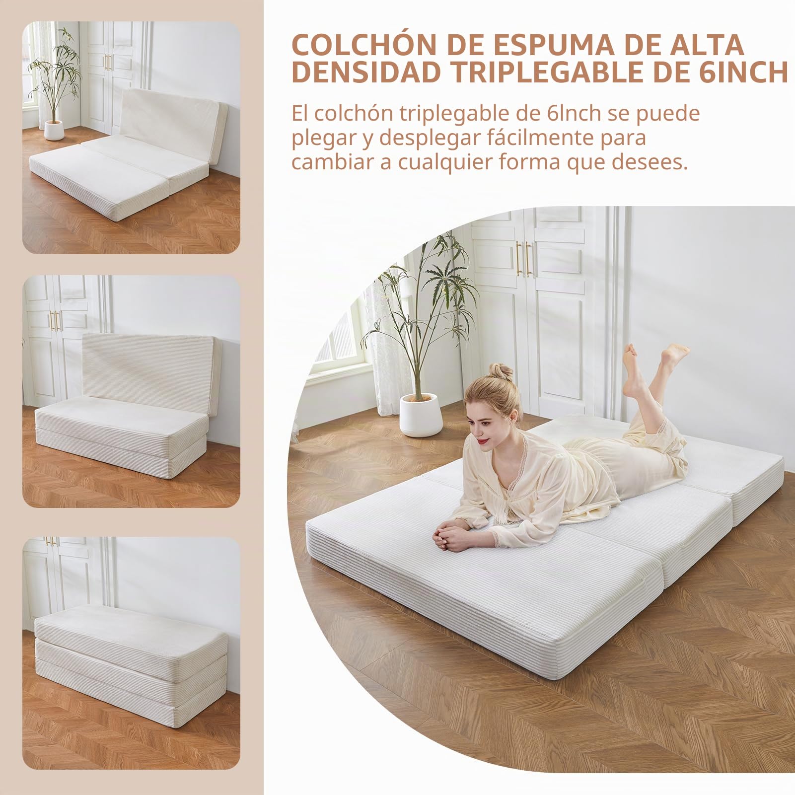 MAXYOYO Colchón Plegable De Cordón De Tres Partes, Colchón Plegable De 15 Cm De Grosor Con Funda Extraíble Y Lavable, Ahorra Espacio Para Dormitorios De Invitados Y Viajes