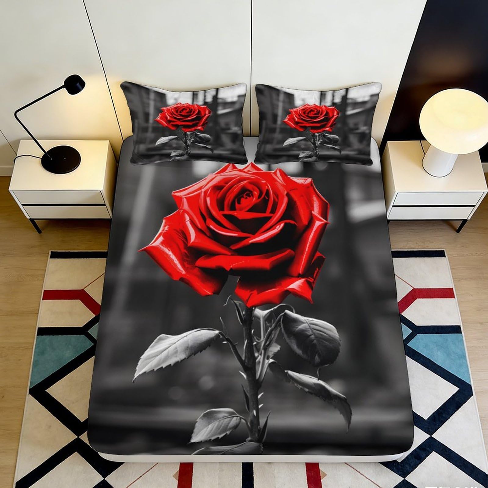 Dhbaneiok Style-5 3D Printed Red Rose Fitted Sheet Microfiber Soft Artistic Black Background Bed Cover For Bedroom Guest Room Decor 90X200x25cm