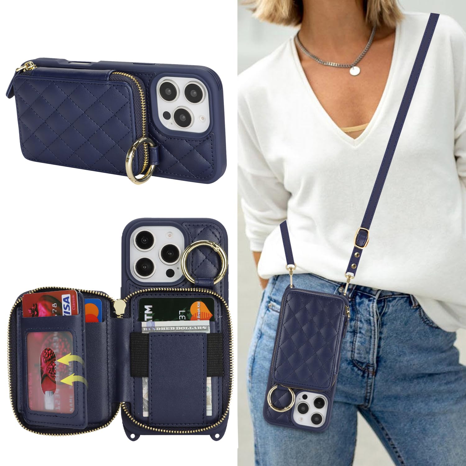 Crossbody Wallet Case for iPhone 16 Pro-Blue